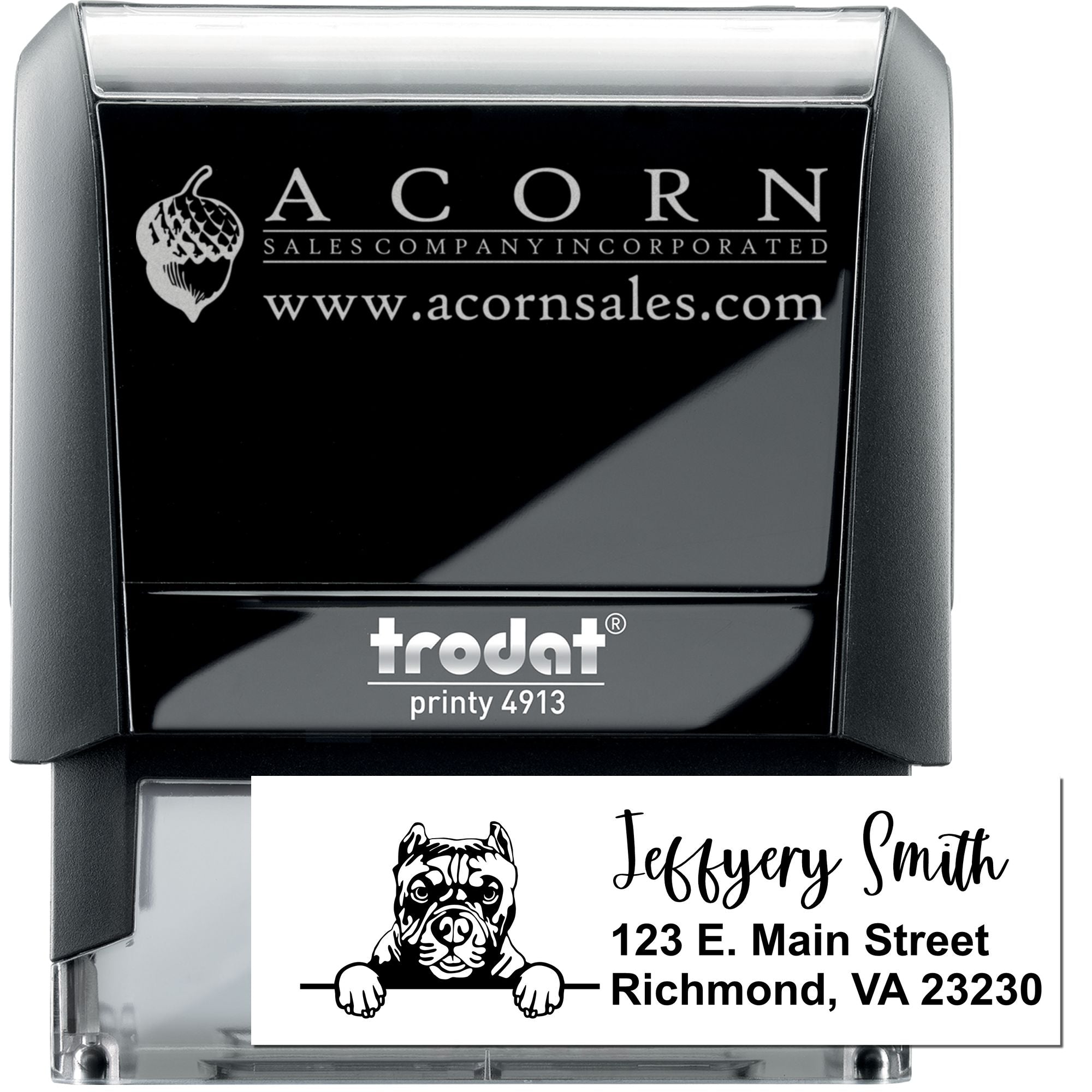 Custom self-inking rubber stamp, Trodat Printy 4913, for business logos and return addresses.