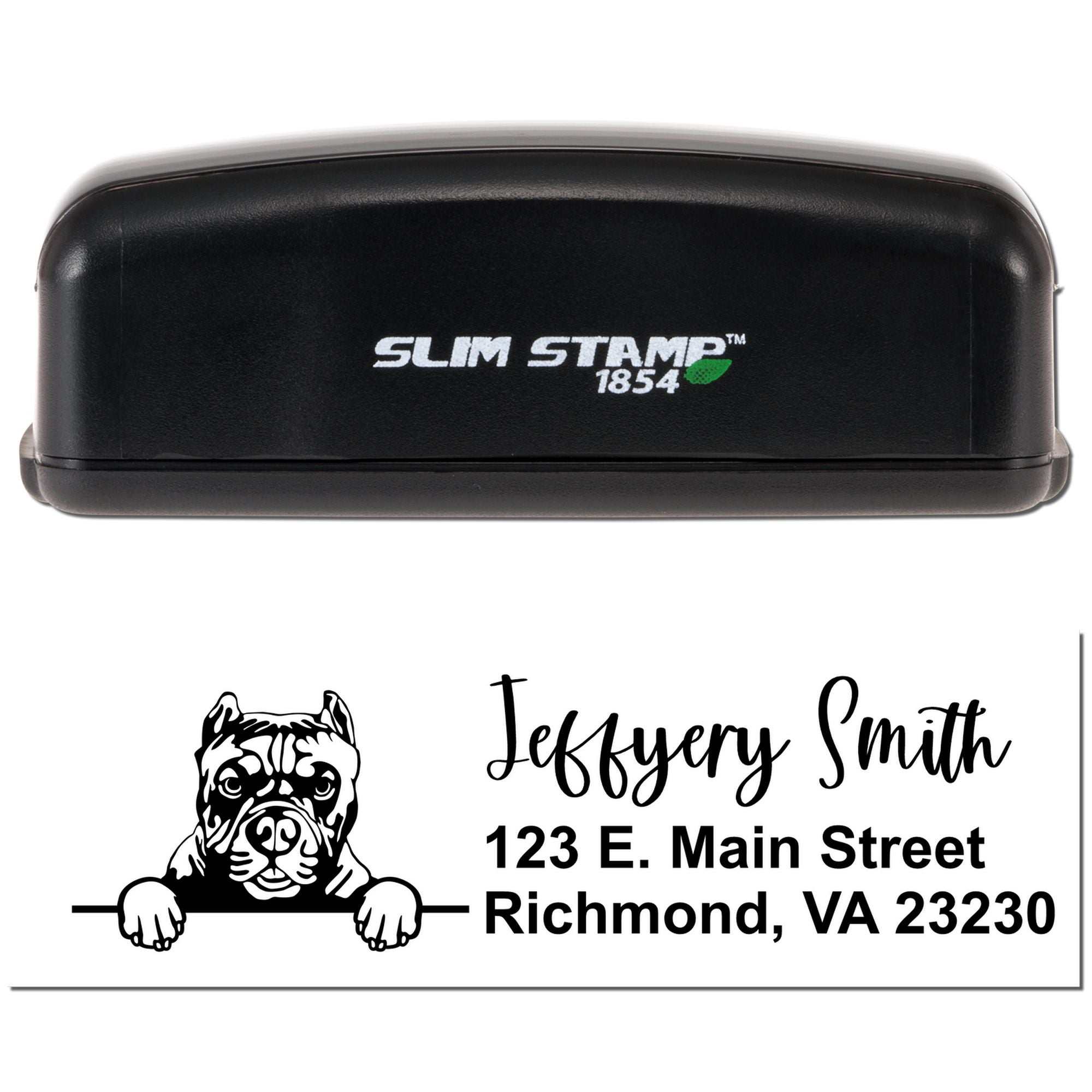 Slim Stamp 1854 self-inking rubber stamp with custom bulldog return address design for personalized mailing and business use.