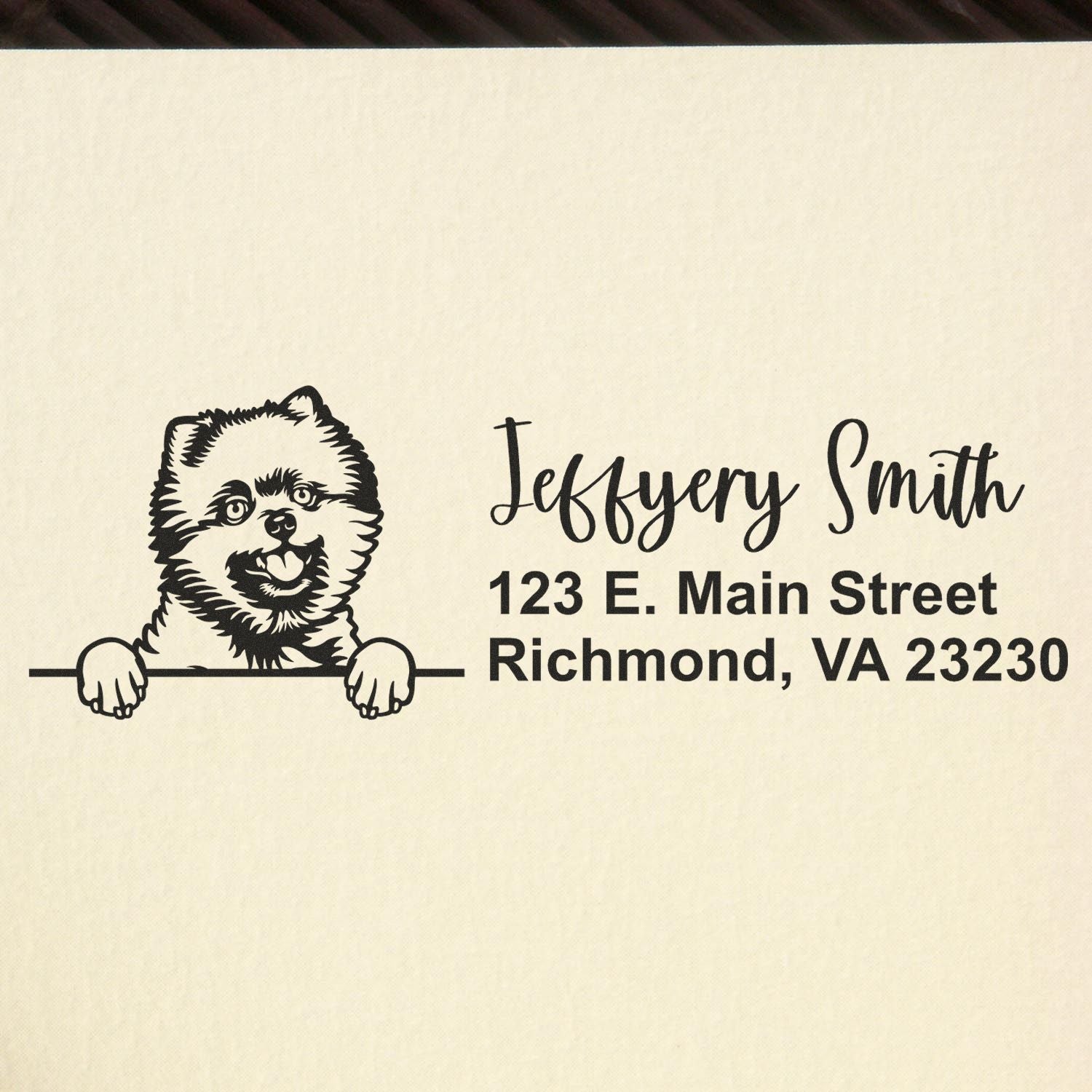 Personalized dog address rubber stamp for Jeffyem Smith, Richmond, VA 23230, featuring a custom pet illustration and return address.