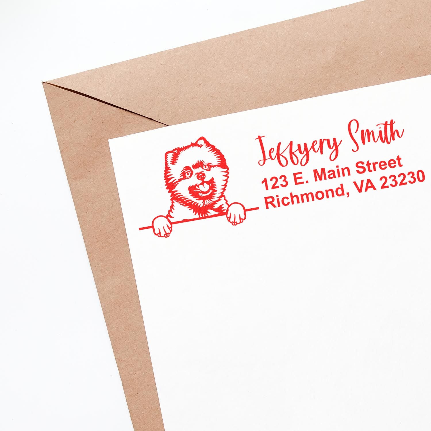 Custom return address rubber stamp with dog illustration for personalized mailing envelopes