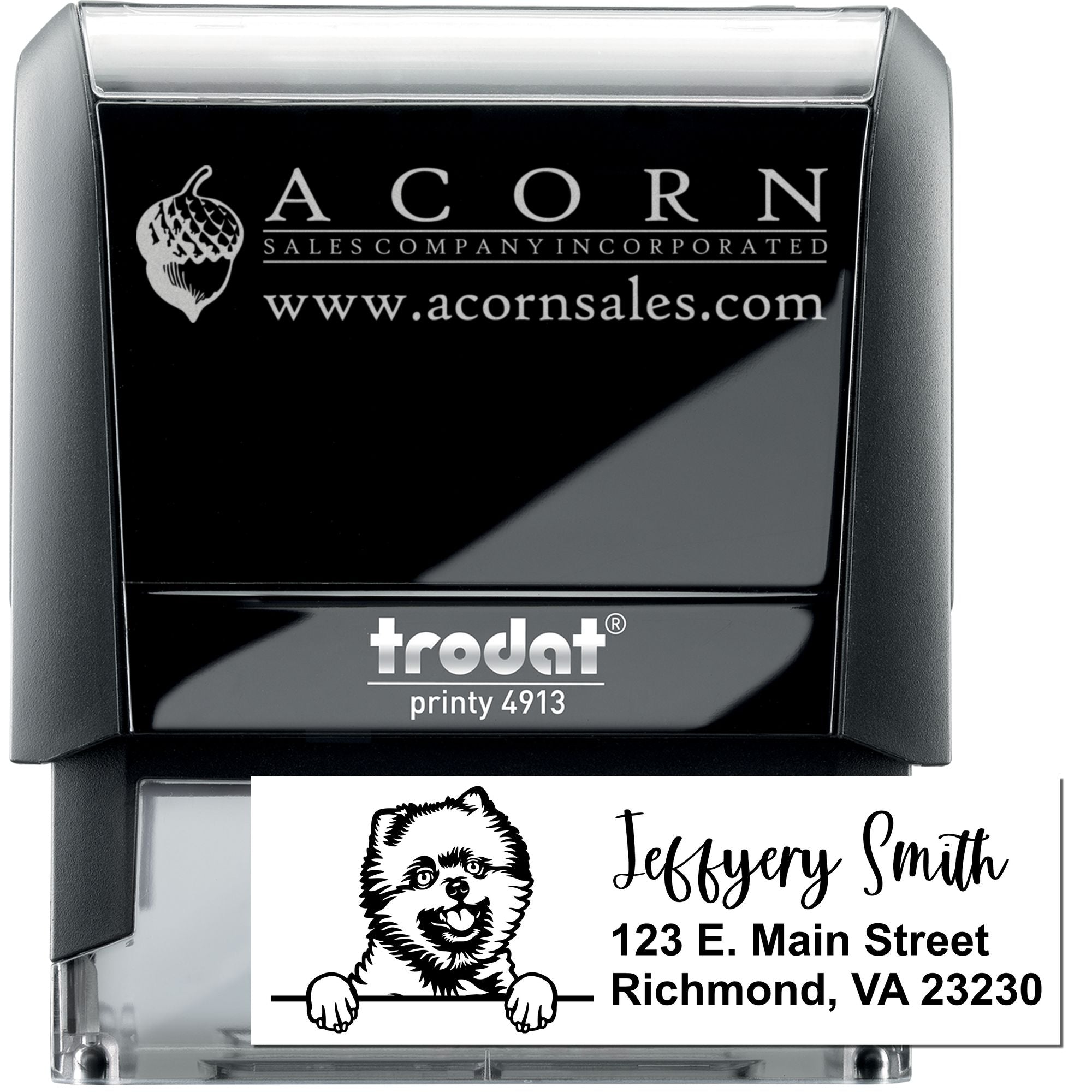 Trodat Printy 4913 custom self-inking rubber stamp with Acorn Sales logo and personalized address stamp design.