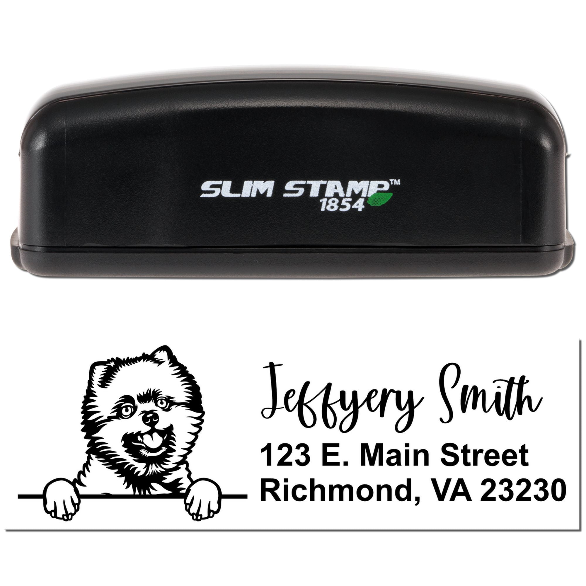 Custom pet address rubber stamp with dog logo, name, and Richmond, VA return address in a Slim Stamp 1854 case.