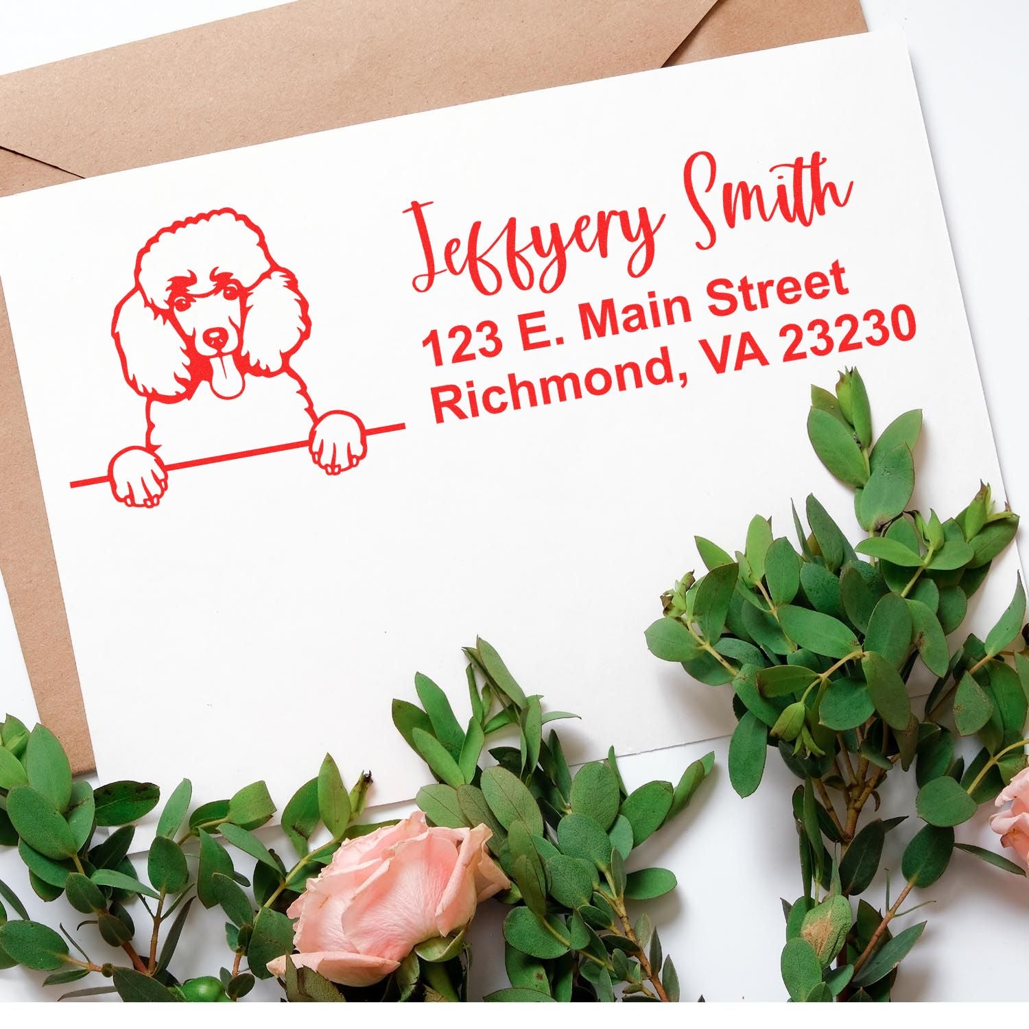 Personalized poodle address rubber stamp with name and Richmond, VA return details for envelopes and wedding invitations.