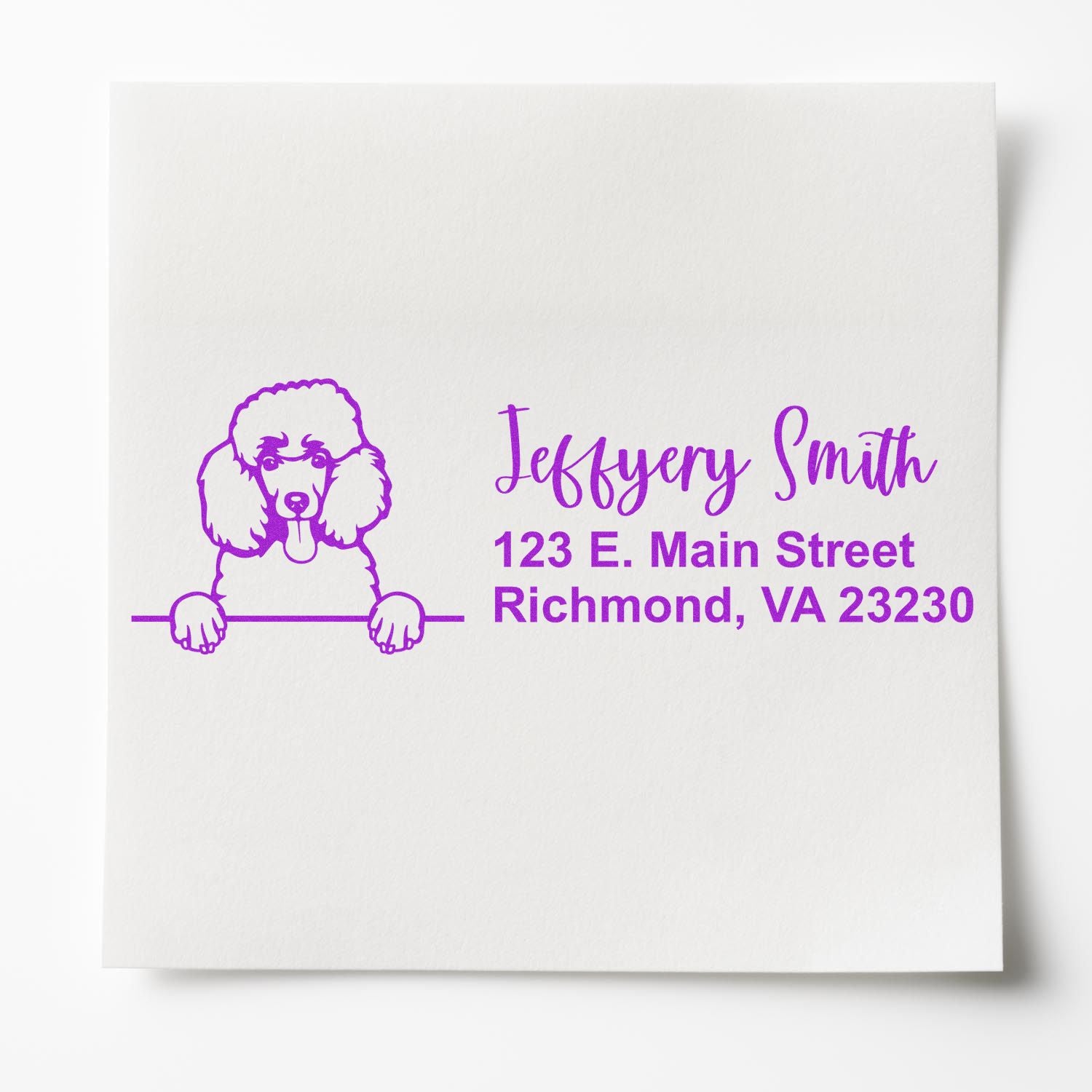 Custom poodle return address rubber stamp with Jeffery Smith and Richmond, VA address in purple ink.