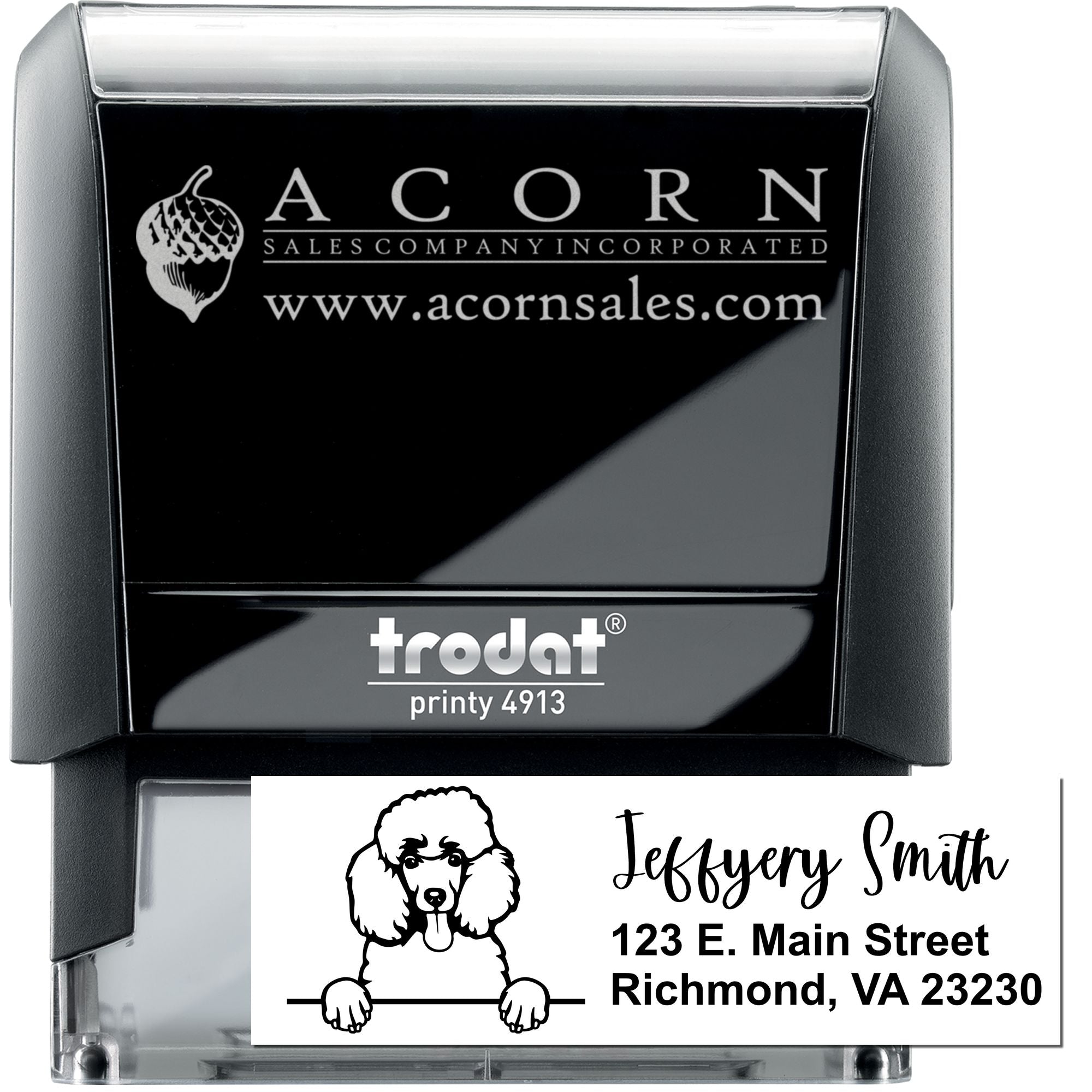 Custom self-inking rubber stamp examples with business logo and personalized address stamp for mailing and branding.