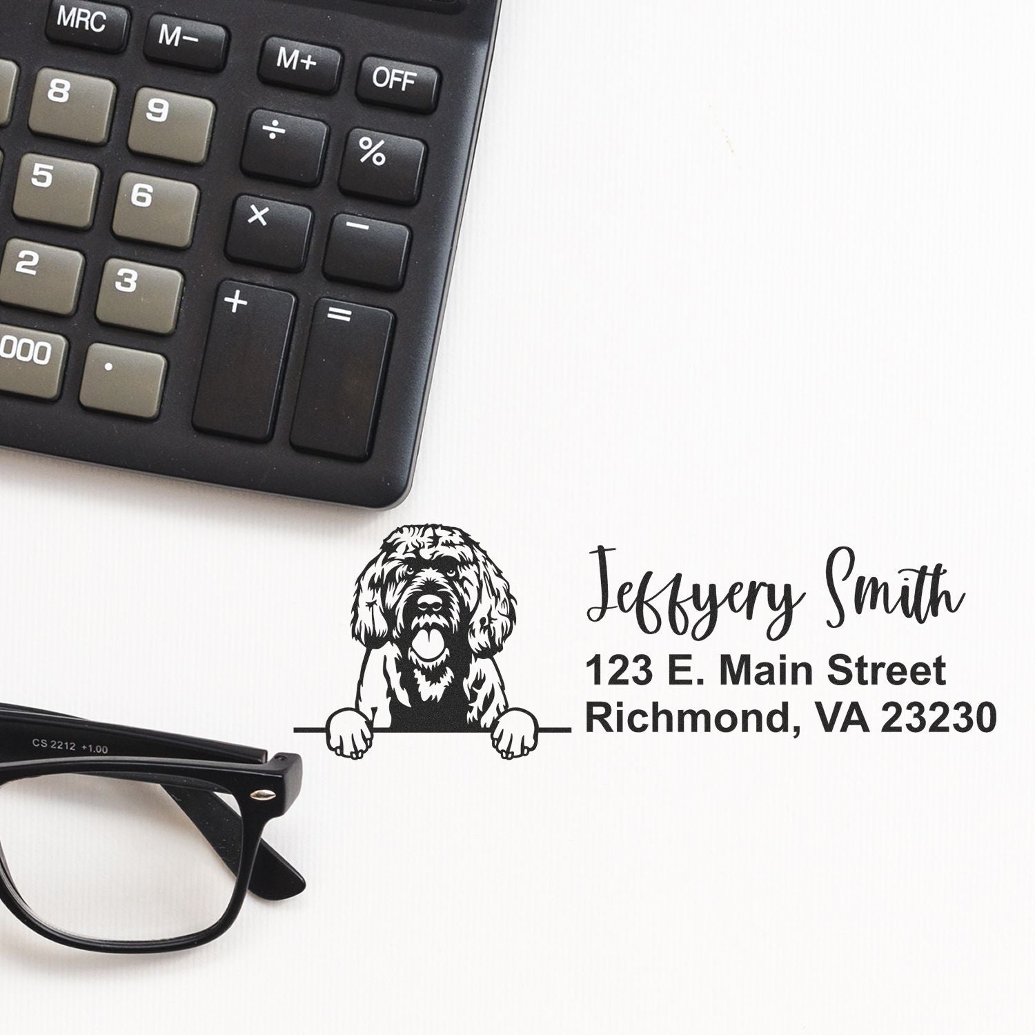 Custom dog return address rubber stamp with name and Richmond, VA address for envelopes and business mailings.