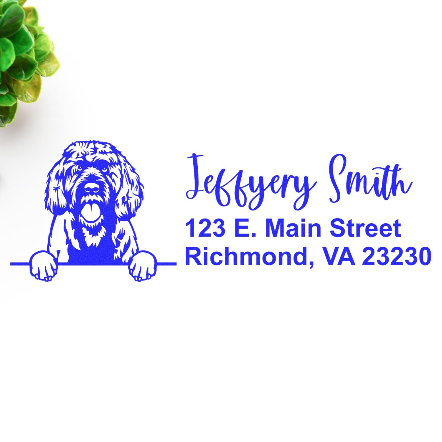 Custom dog return address rubber stamp with Jeffrey Smith, 123 E. Main Street, Richmond, VA 23230