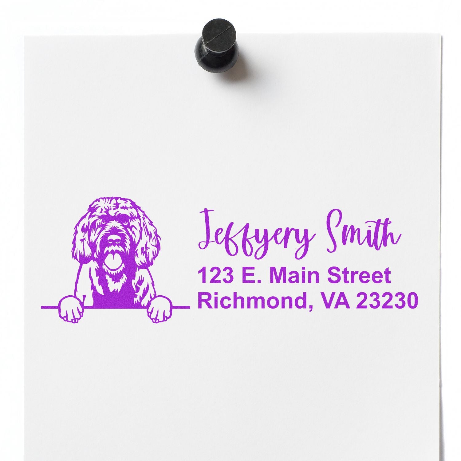 Personalized rubber address stamp with dog logo, name, and Richmond, VA return address.