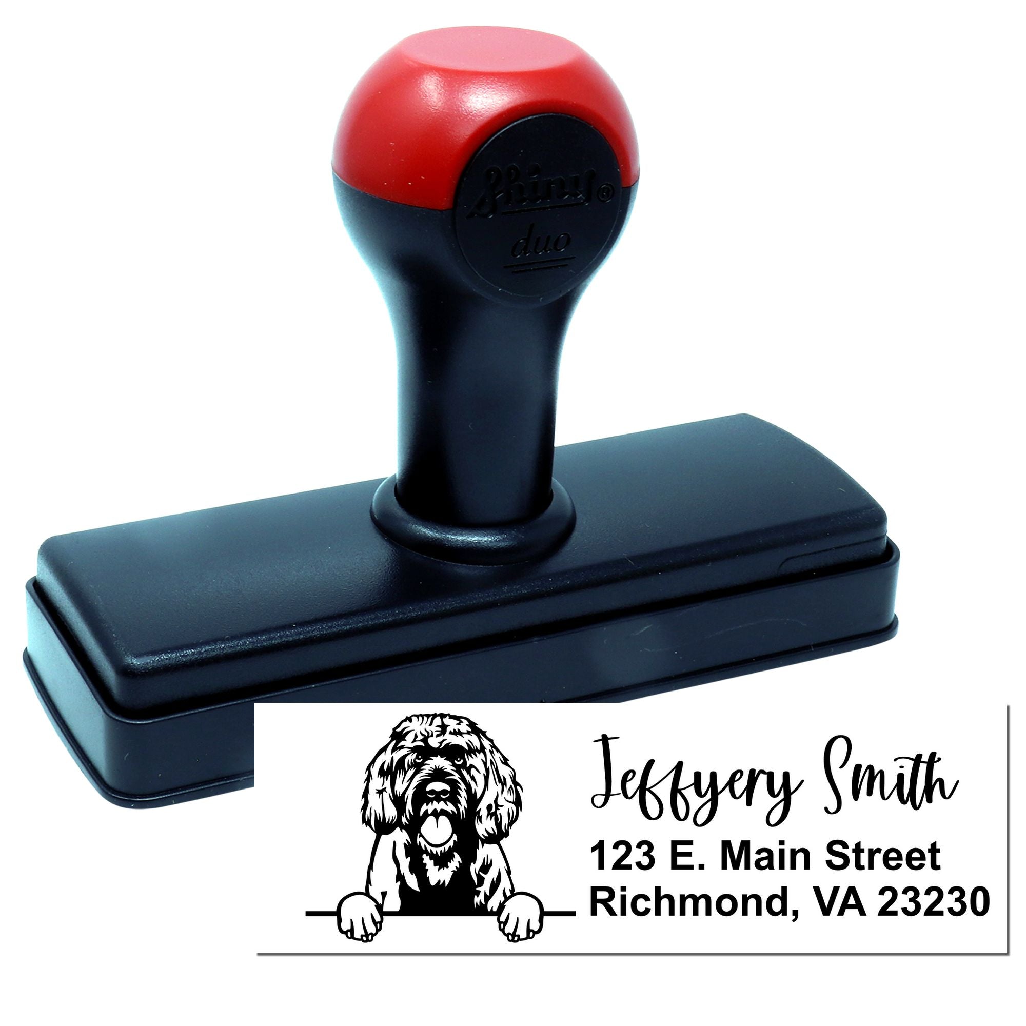 Custom self-inking address stamp with dog logo, ideal for business branding, mailing, and return address use.