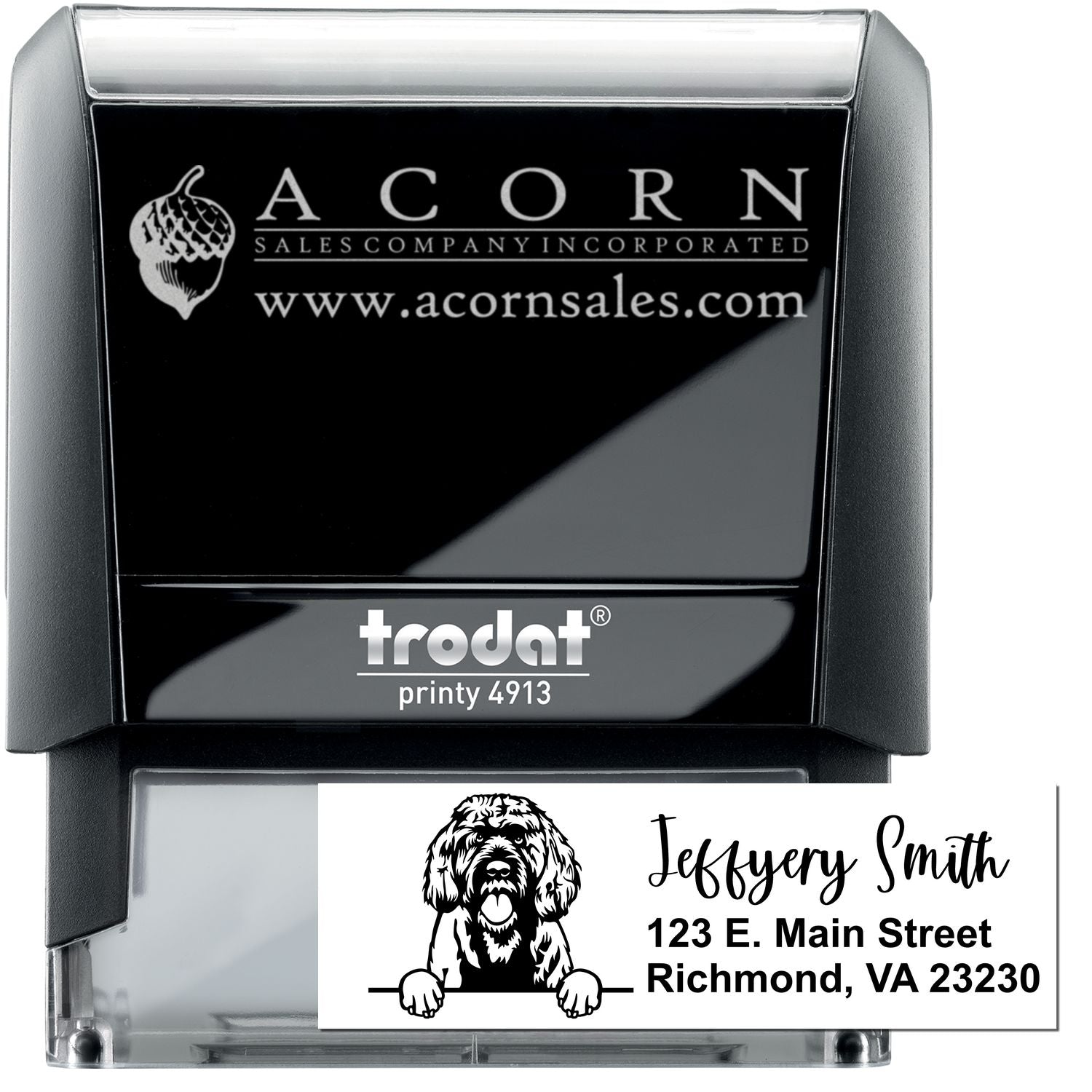 Custom self-inking rubber stamp with logo and return address for business branding, mailings, and envelopes.