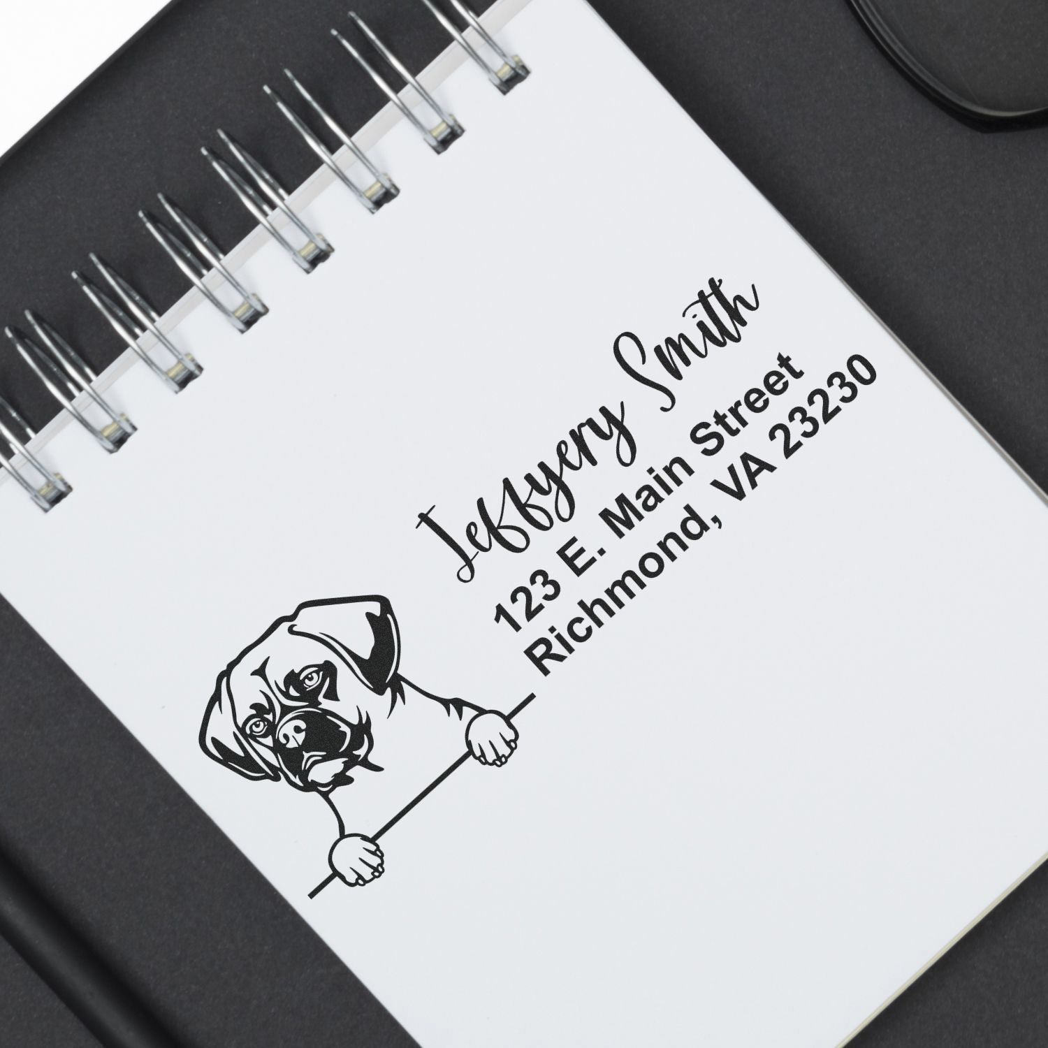 Personalized rubber address stamp with dog illustration and Jeffery Smith return address, Richmond, VA 23230.