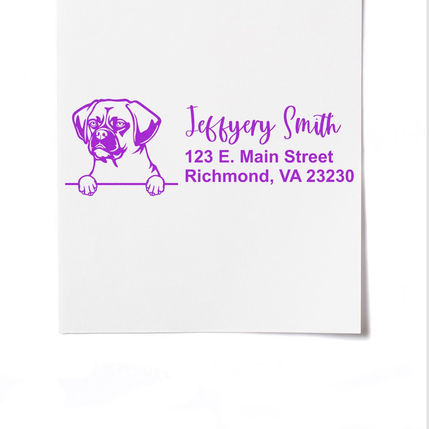Custom dog return address rubber stamp with name and Richmond, VA address in purple ink.