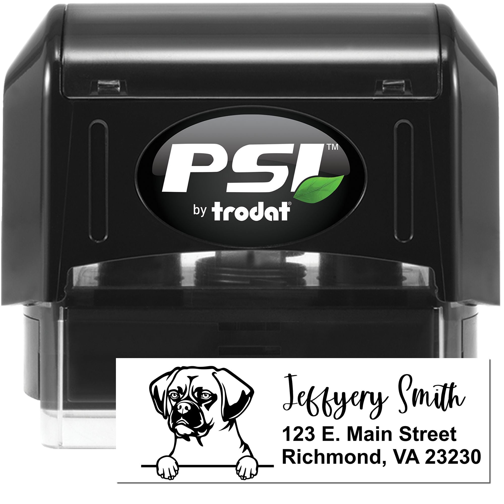 PSI by Trodat custom self-inking rubber address stamp with dog illustration for personalized mailing labels.