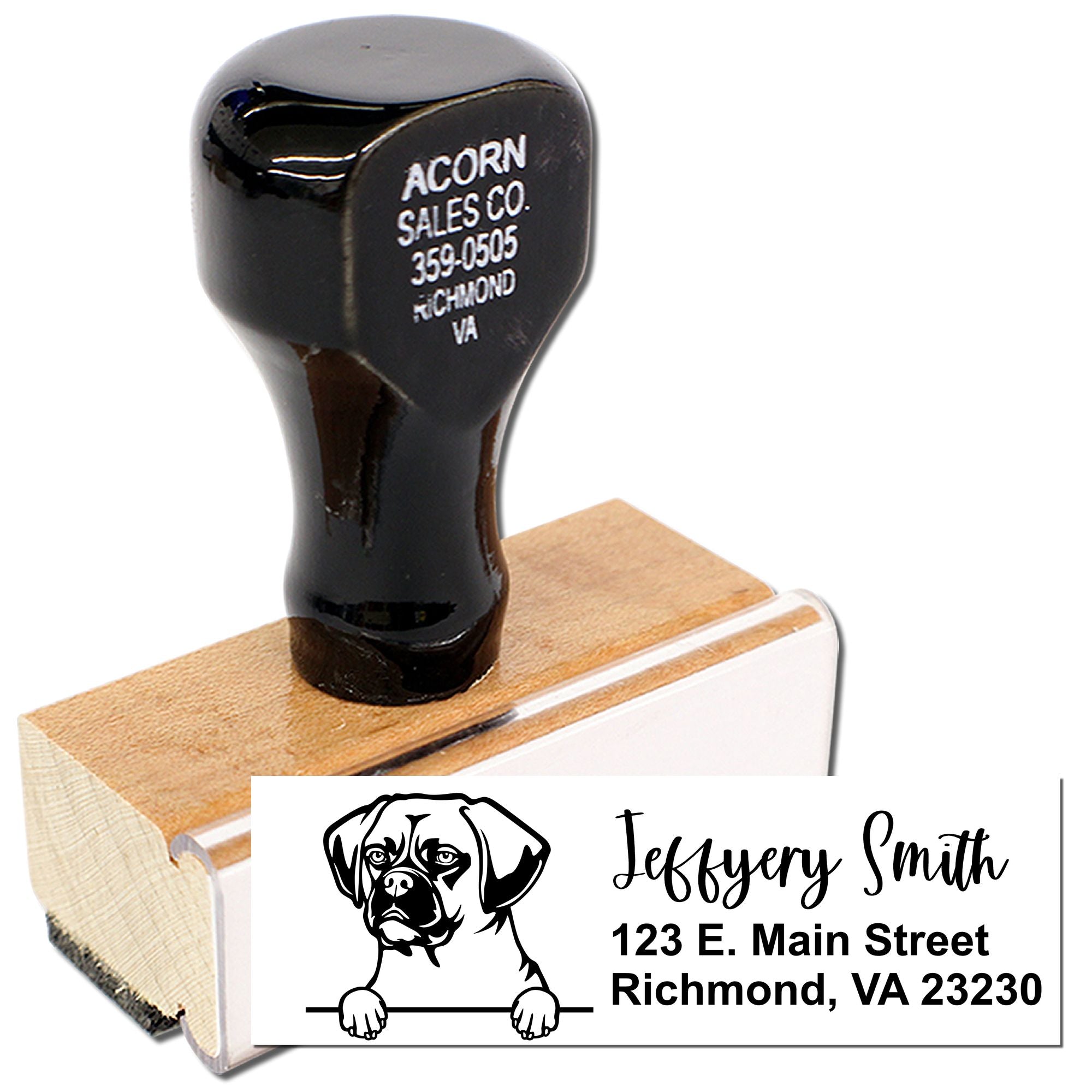 Custom rubber address stamp with dog logo for personalized return address printing, featuring name and Richmond, VA address.