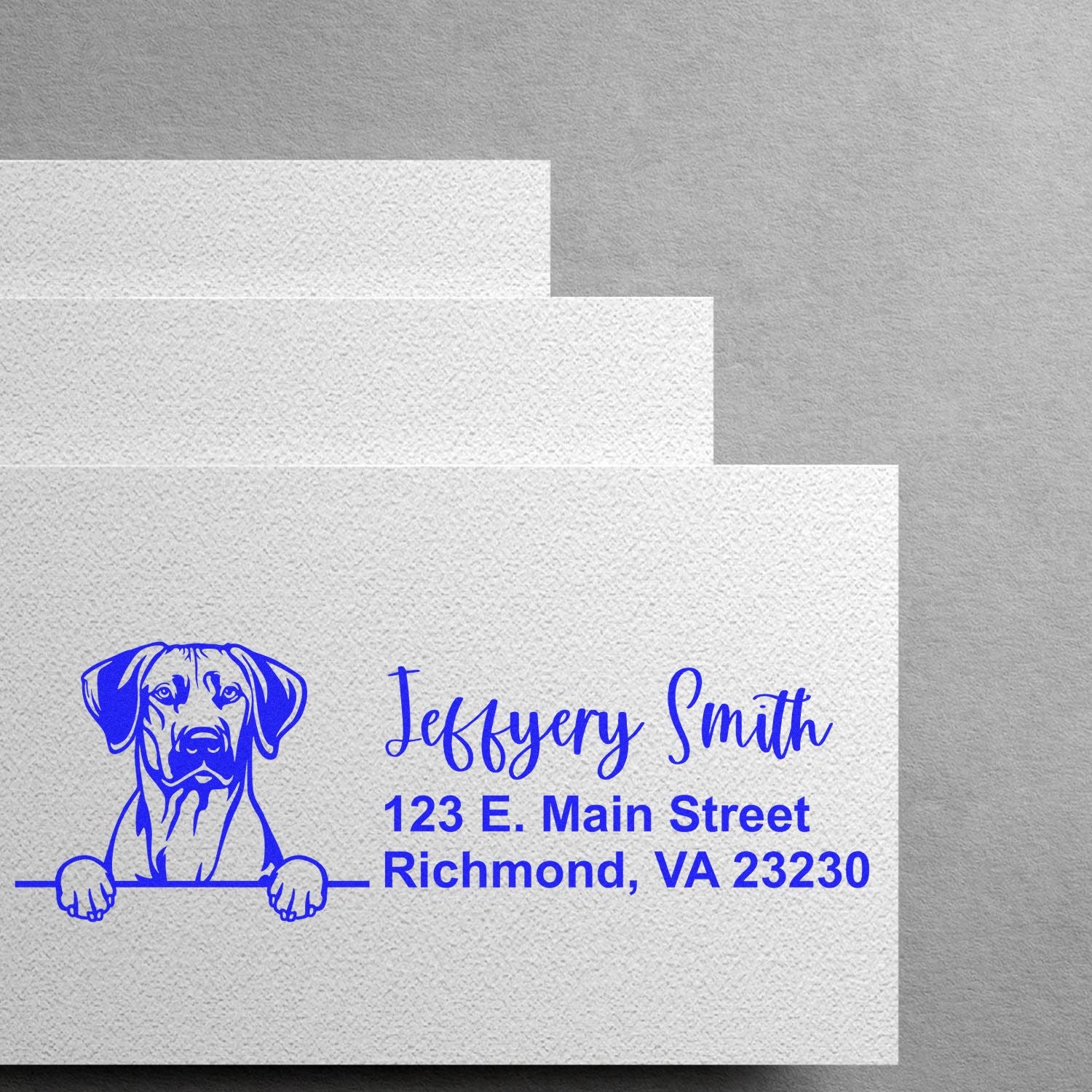 Custom return address rubber stamp with dog logo for Jeffery Smith, Richmond, VA 23230.