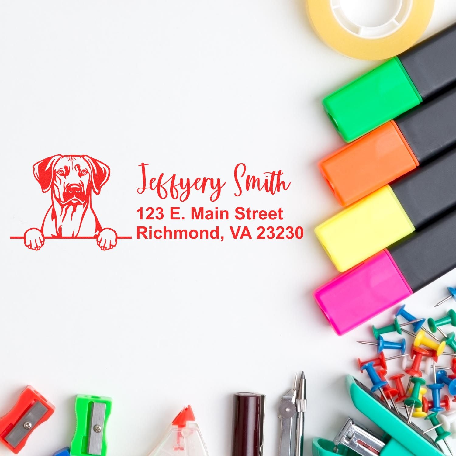 Custom return address rubber stamp with dog logo, ideal for personalized business and pet branding.