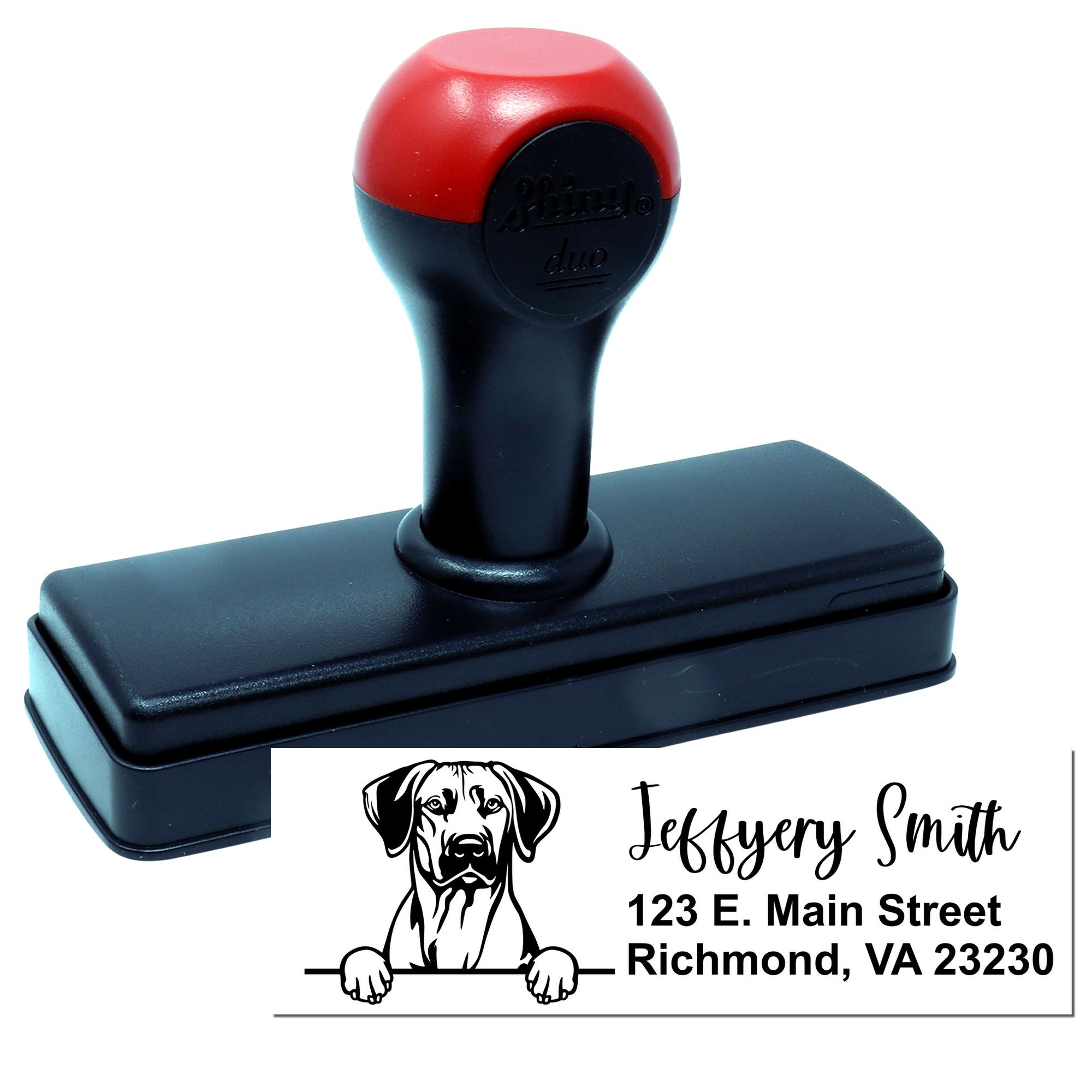 Self-inking rubber stamp with custom dog address design for personalized mailing and business branding