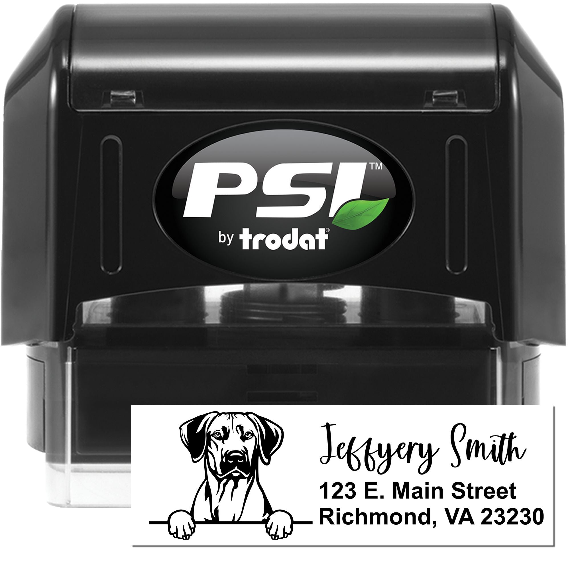PSI by Trodat self-inking custom rubber stamp with dog address imprint for personalized name and mailing labels.