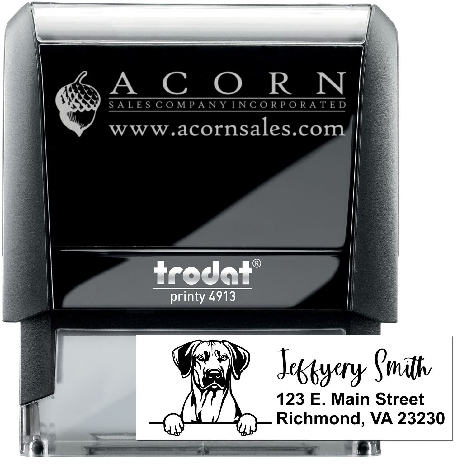 Personalized Trodat Printy 4913 self-inking rubber stamp with custom logo, business name, and address for office use.