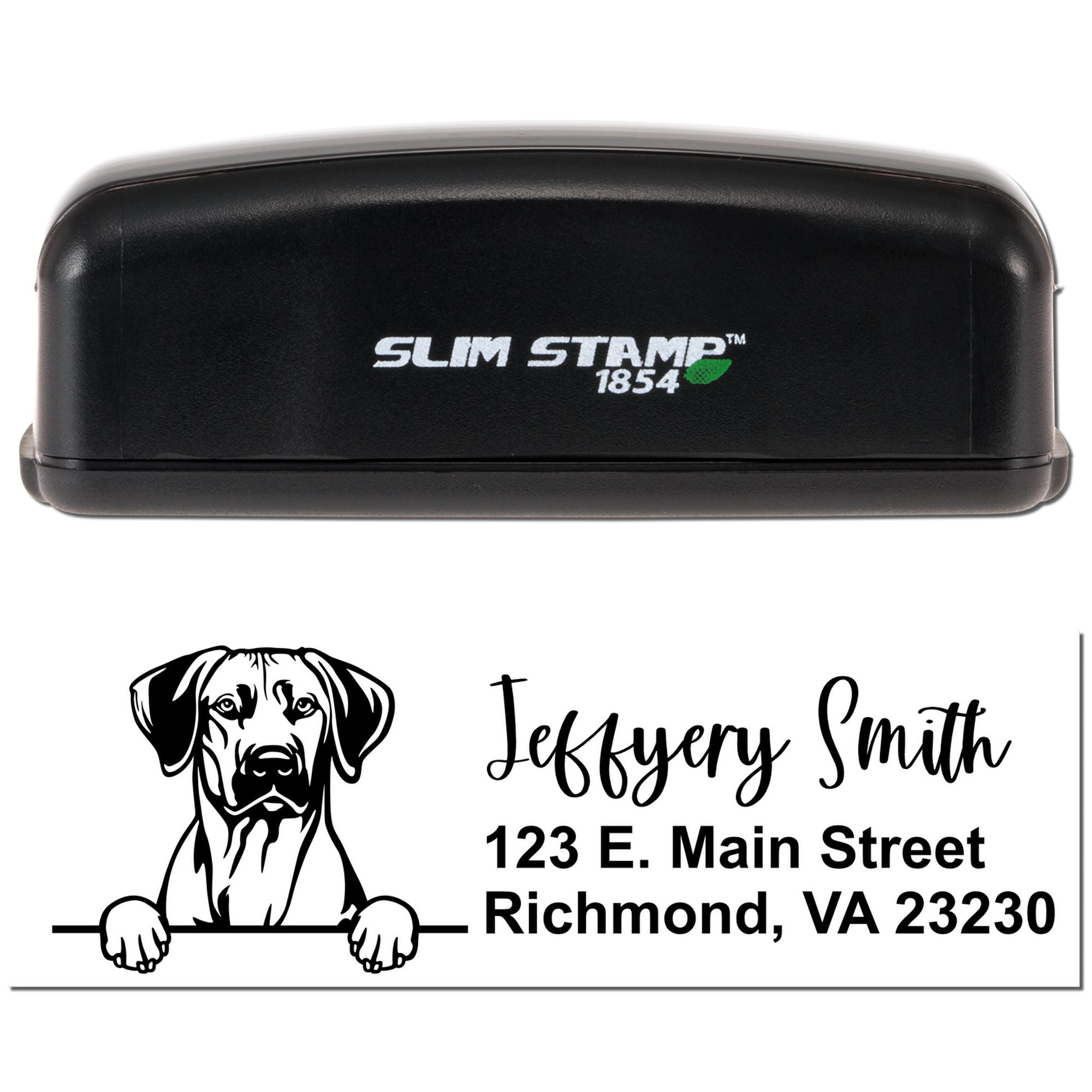 Custom Slim Stamp rubber stamp with dog logo, personalized name and address imprint for mailing labels and pet stationery.