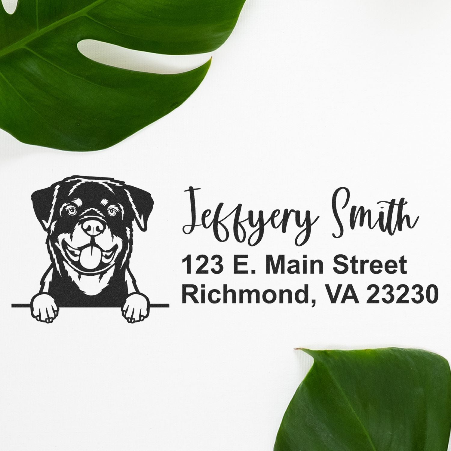 Personalized dog return address rubber stamp with custom name and Richmond, VA mailing address.