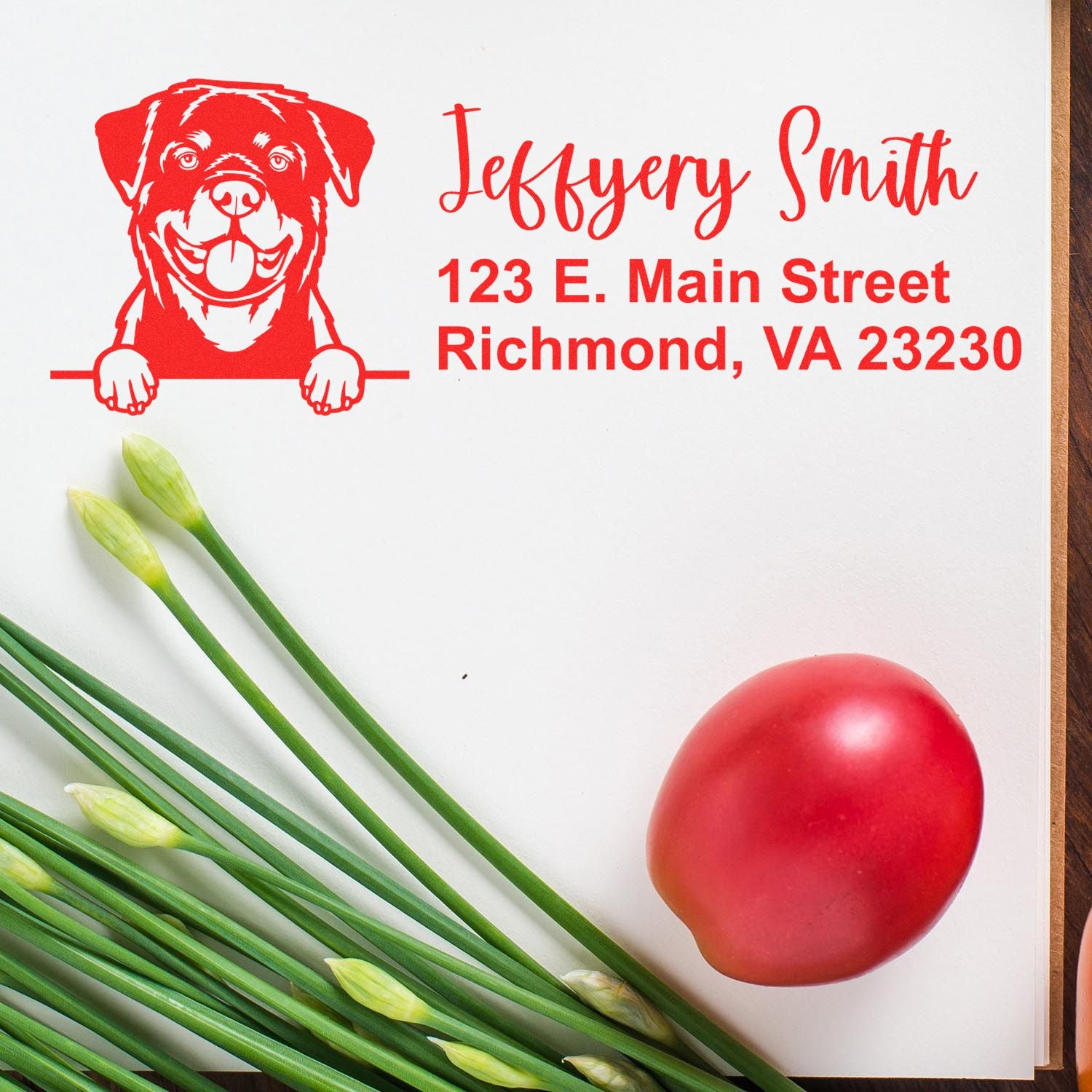 Personalized dog logo rubber stamp with return address for Jeffrey Smith, Richmond, VA 23230.