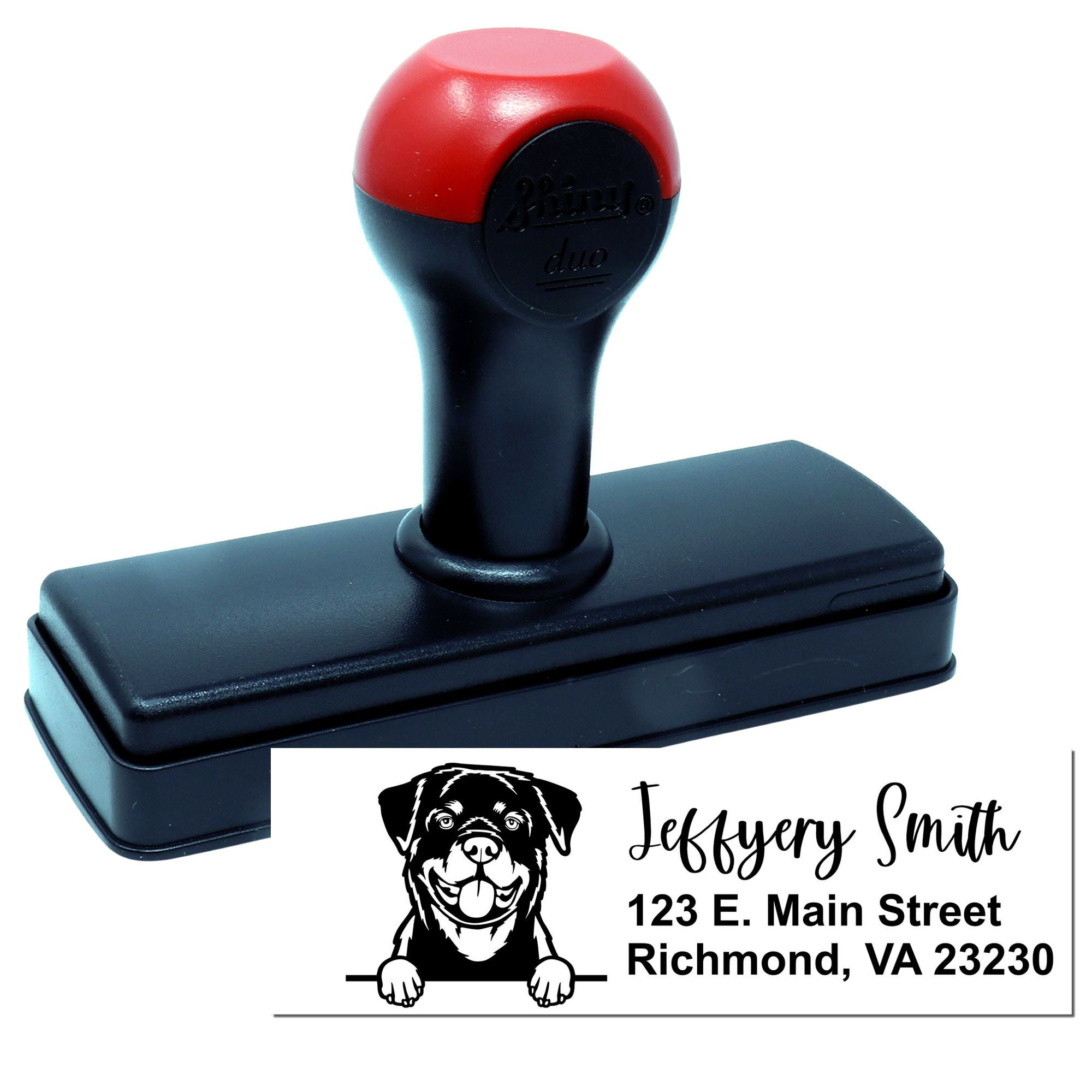 Custom self-inking rubber address stamp with dog logo and return address for personalized business or home use.