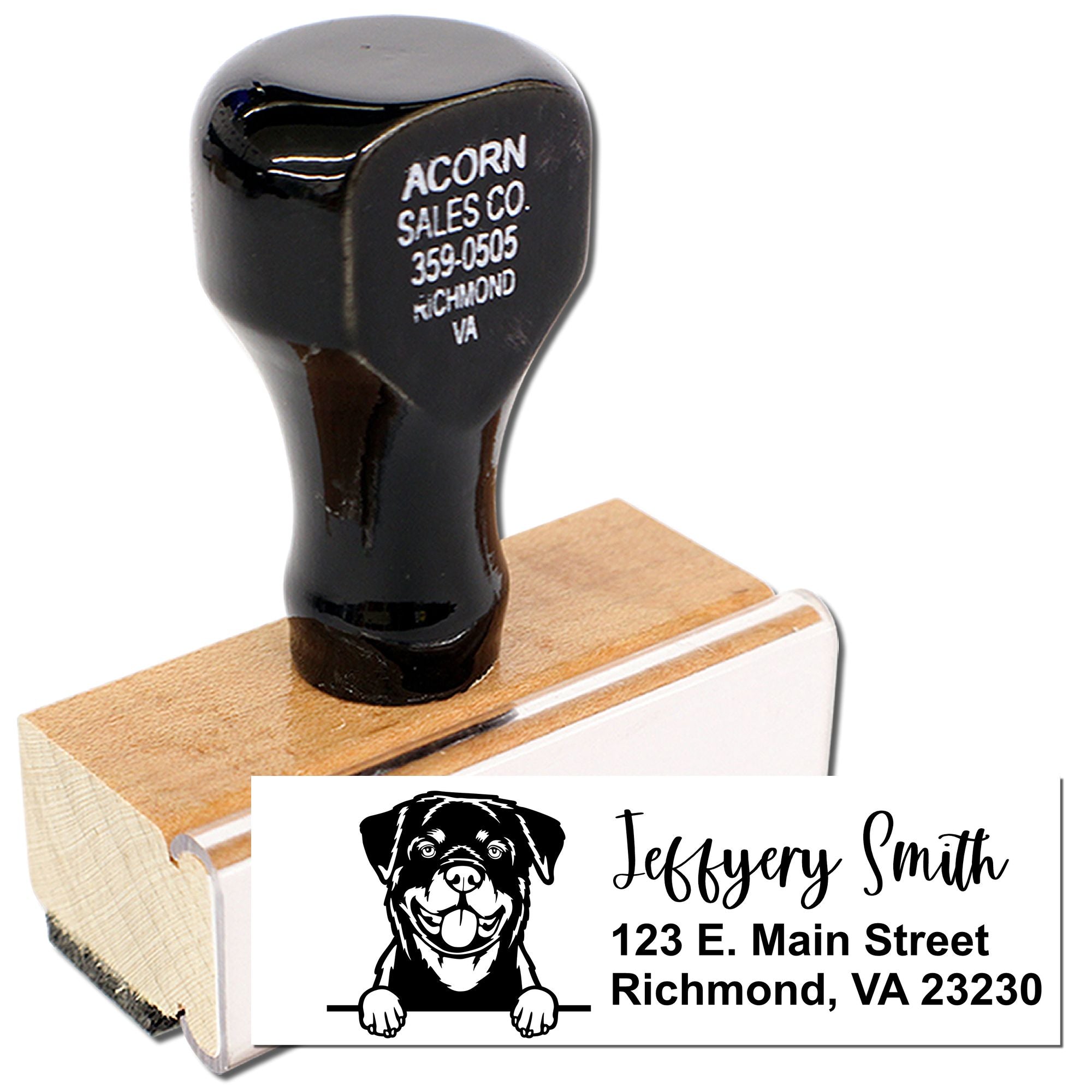 Custom self-inking rubber stamp with dog logo and business address for personalized pet business mailing.