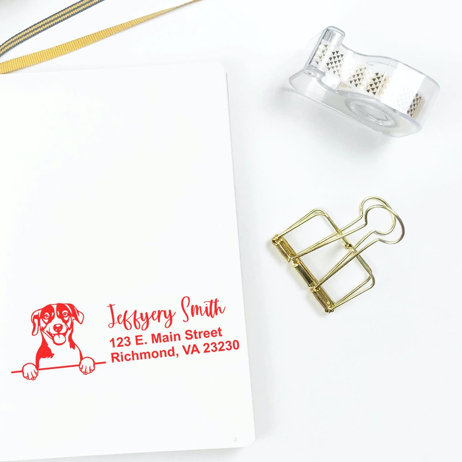 Custom return address rubber stamp with dog logo, ideal for personalized mailing and pet business branding.