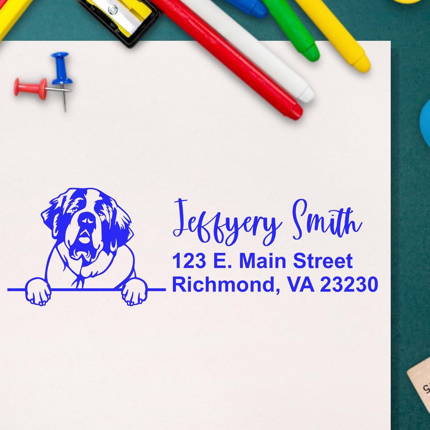 Custom rubber address stamp with dog logo for Jeffery Smith, Richmond, VA 23230, ideal for mailing and packaging.