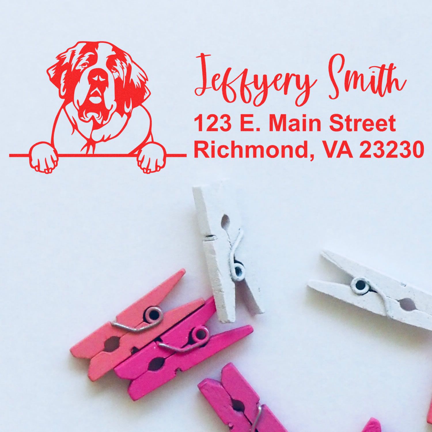 Custom dog return address rubber stamp for mailings, featuring Jeffery Smith and Richmond, VA address.