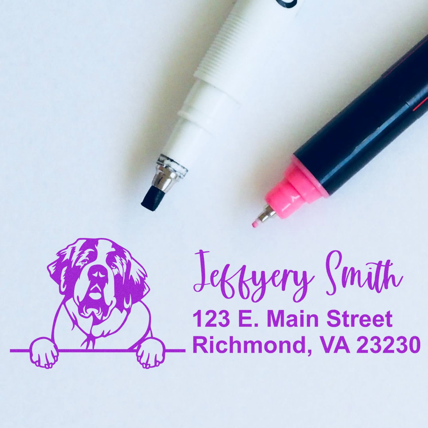 Custom rubber stamp design with dog logo, Jeffrey Smith return address, and purple ink for Richmond, VA.