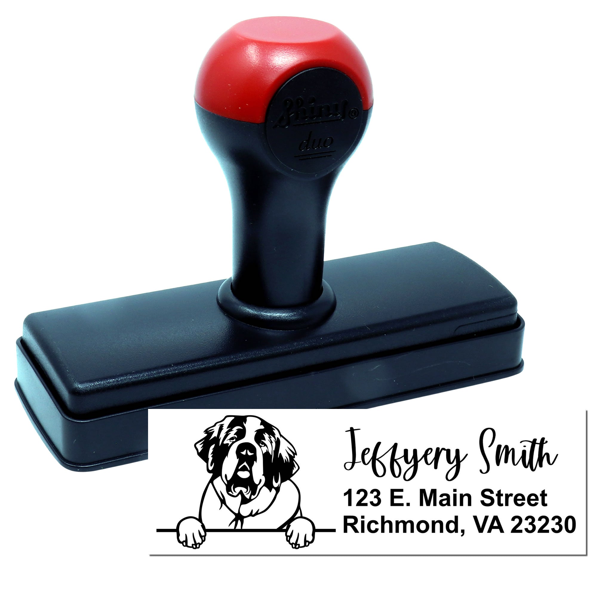 Custom self-inking return address rubber stamp with dog logo and sample imprint for personalized mailing.