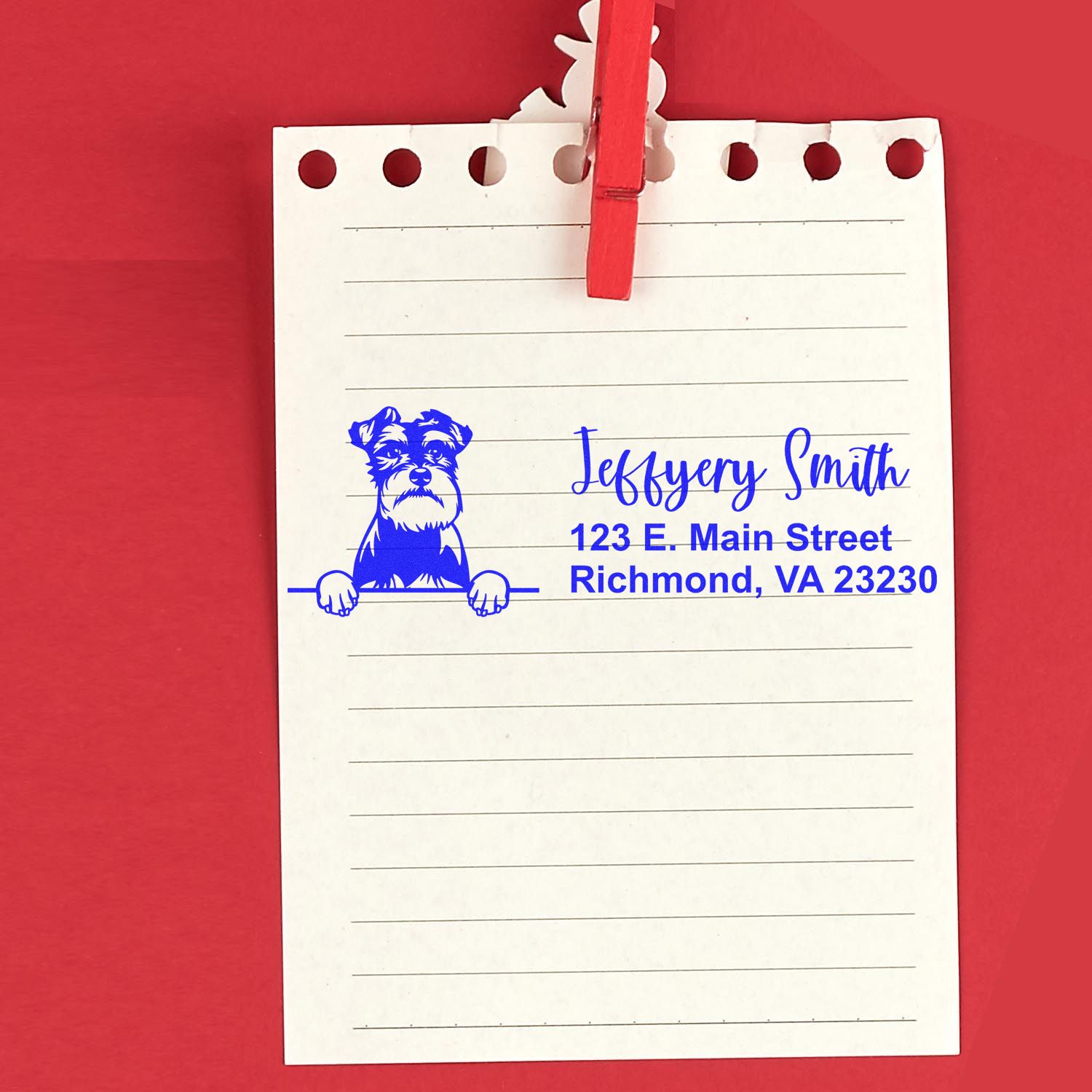 Custom dog return address rubber stamp with name and Richmond, VA address on lined notepad.