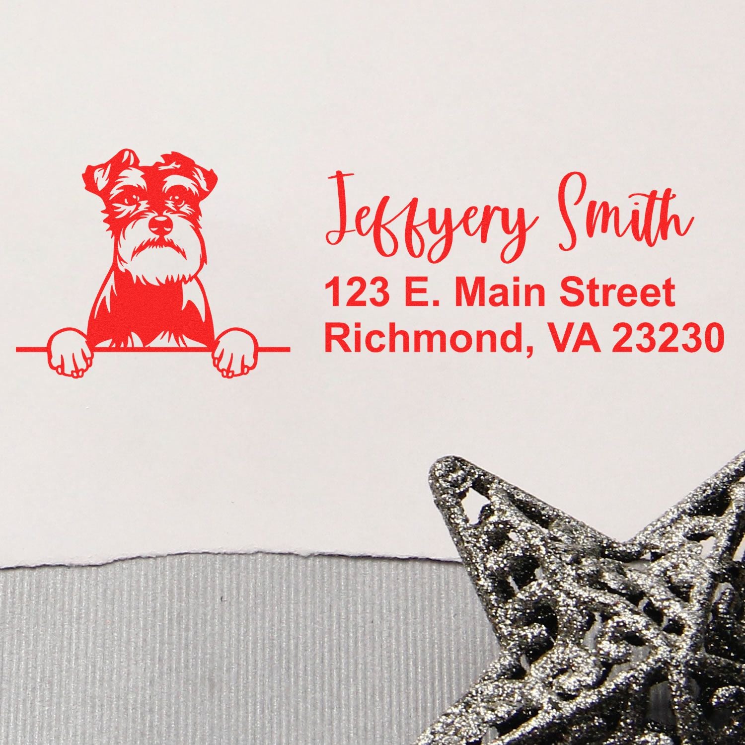 Custom dog logo address rubber stamp with personalized return address for Jeffery Smith, Richmond, VA