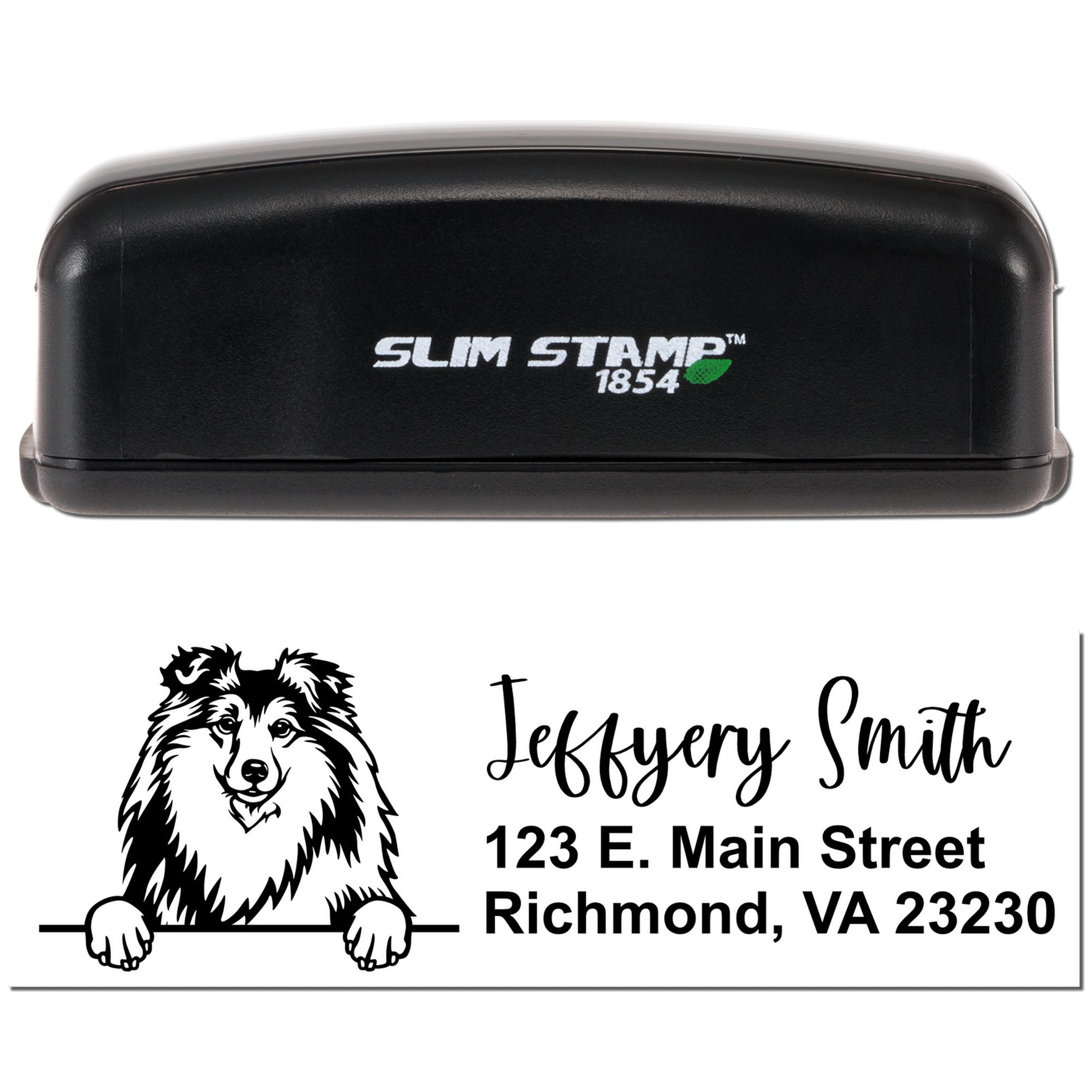 Slim Stamp 1854 custom rubber stamp showing dog logo, name, and Richmond VA return address imprint