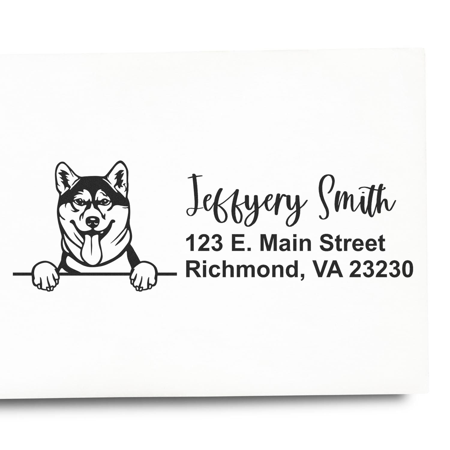 Custom husky return address rubber stamp for pet lovers, personalized with Jeffrey Smith and Richmond, VA address.