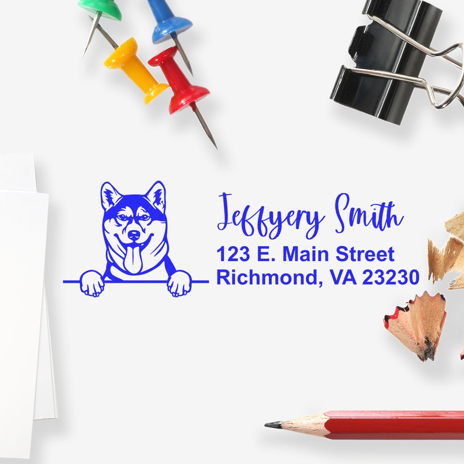 Personalized rubber stamp with dog logo, Jeffery Smith name, and Richmond, VA address for business mailings.