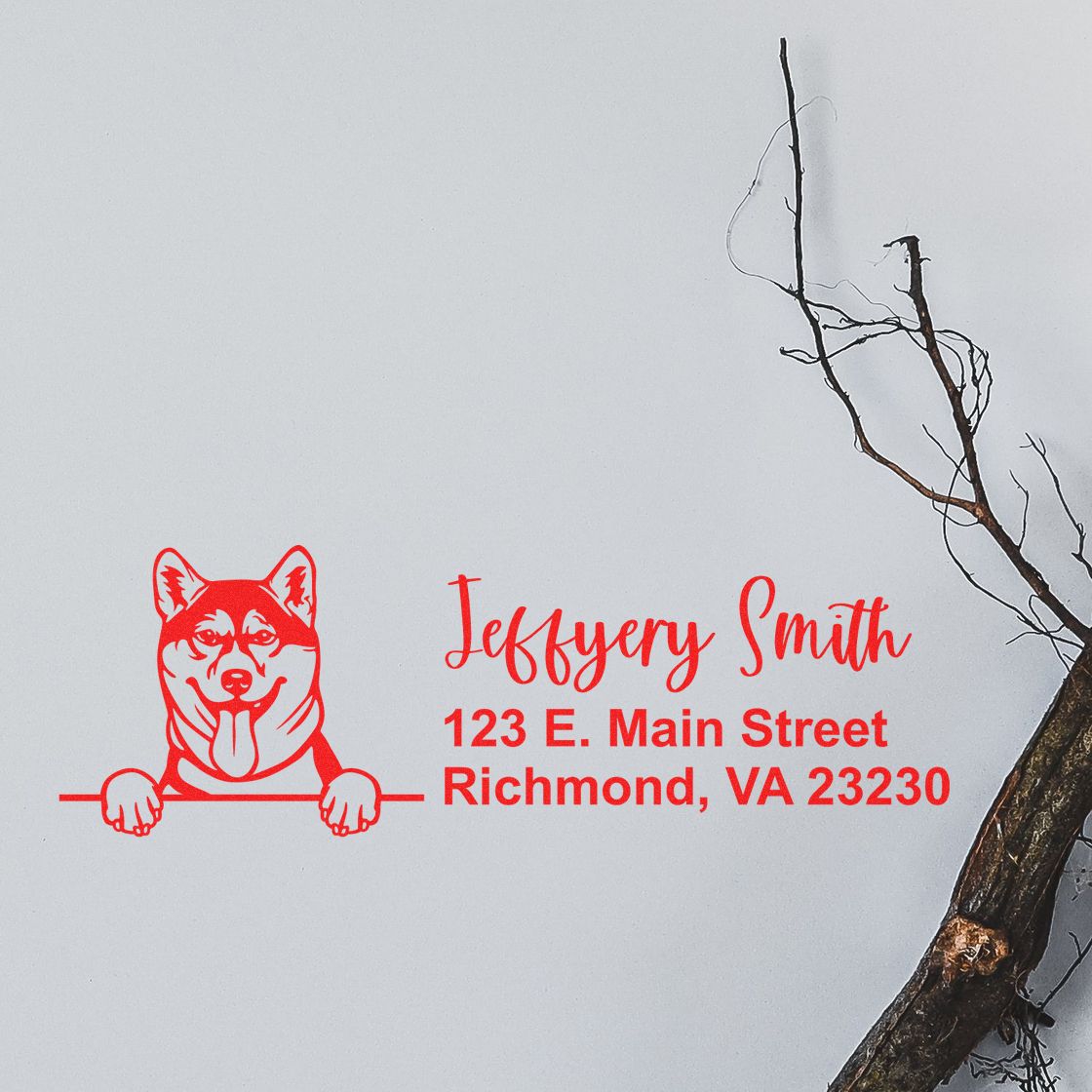 Personalized dog rubber stamp with return address, Jeffrey Smith, 123 E. Main Street, Richmond, VA 23230
