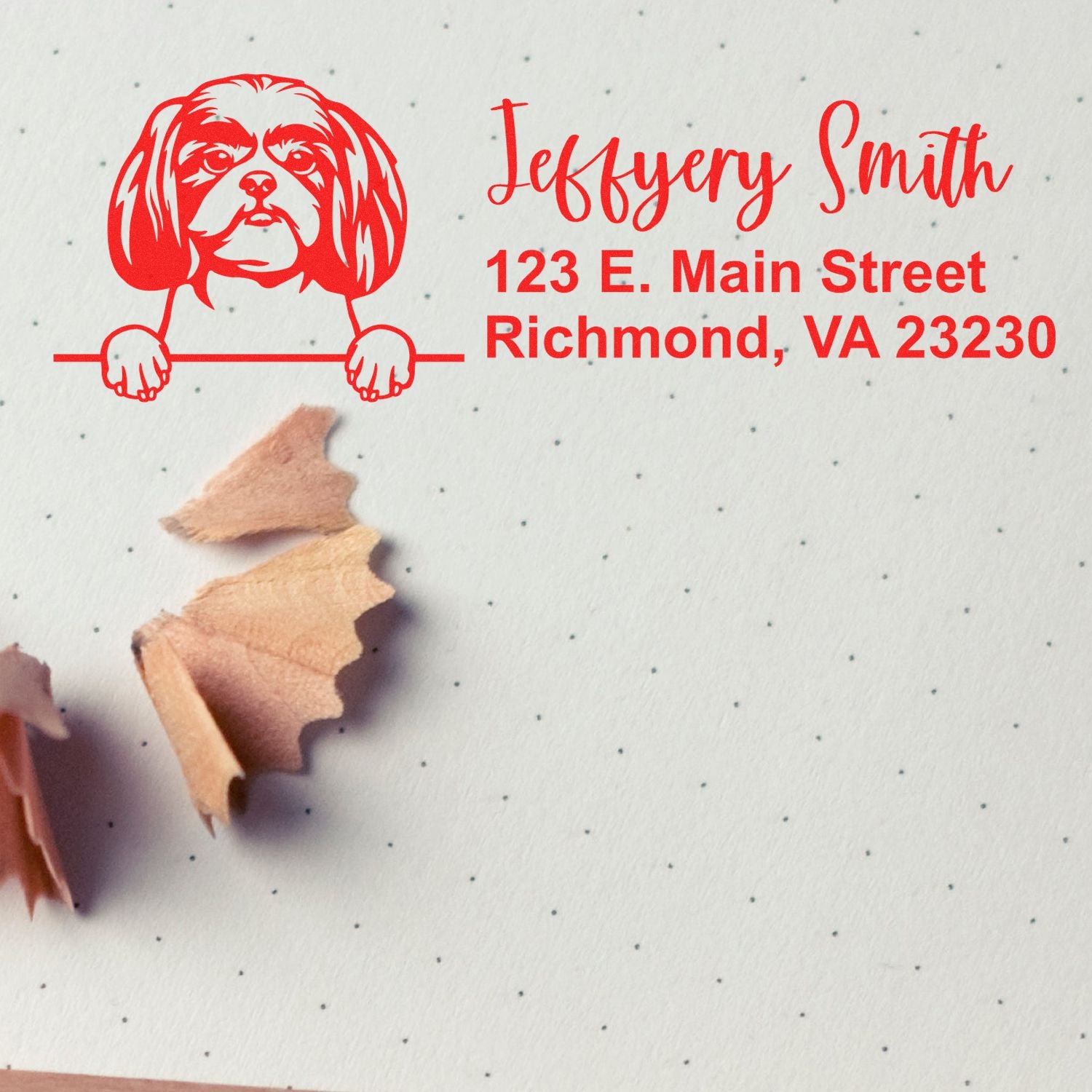 Custom dog return address rubber stamp with Shih Tzu illustration for Jeffery Smith, Richmond, VA 23230