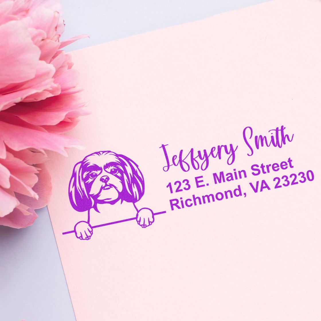 Personalized rubber return address stamp with dog illustration for custom mailings and envelopes.