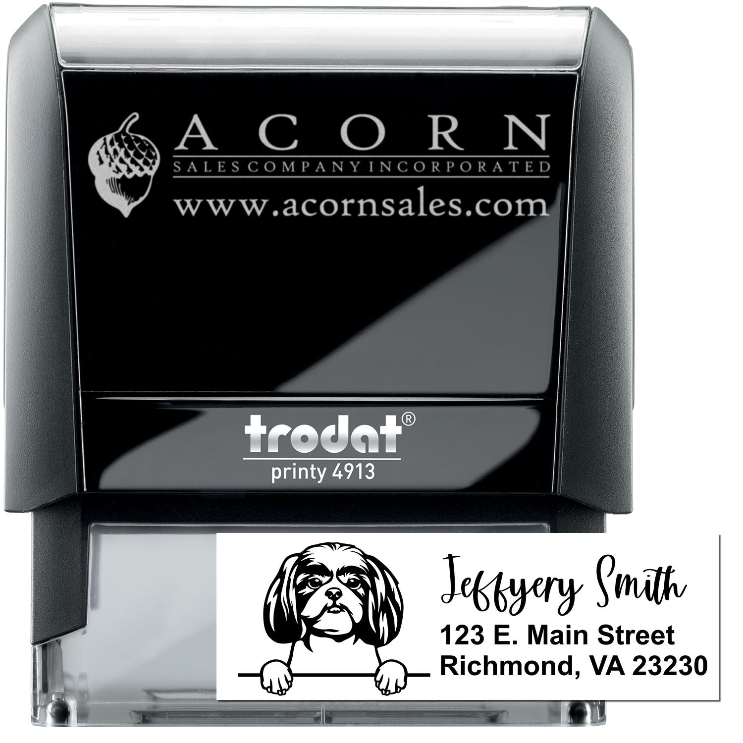 Custom self-inking rubber stamp for business logo and personalized address imprint, Trodat Printy 4913.