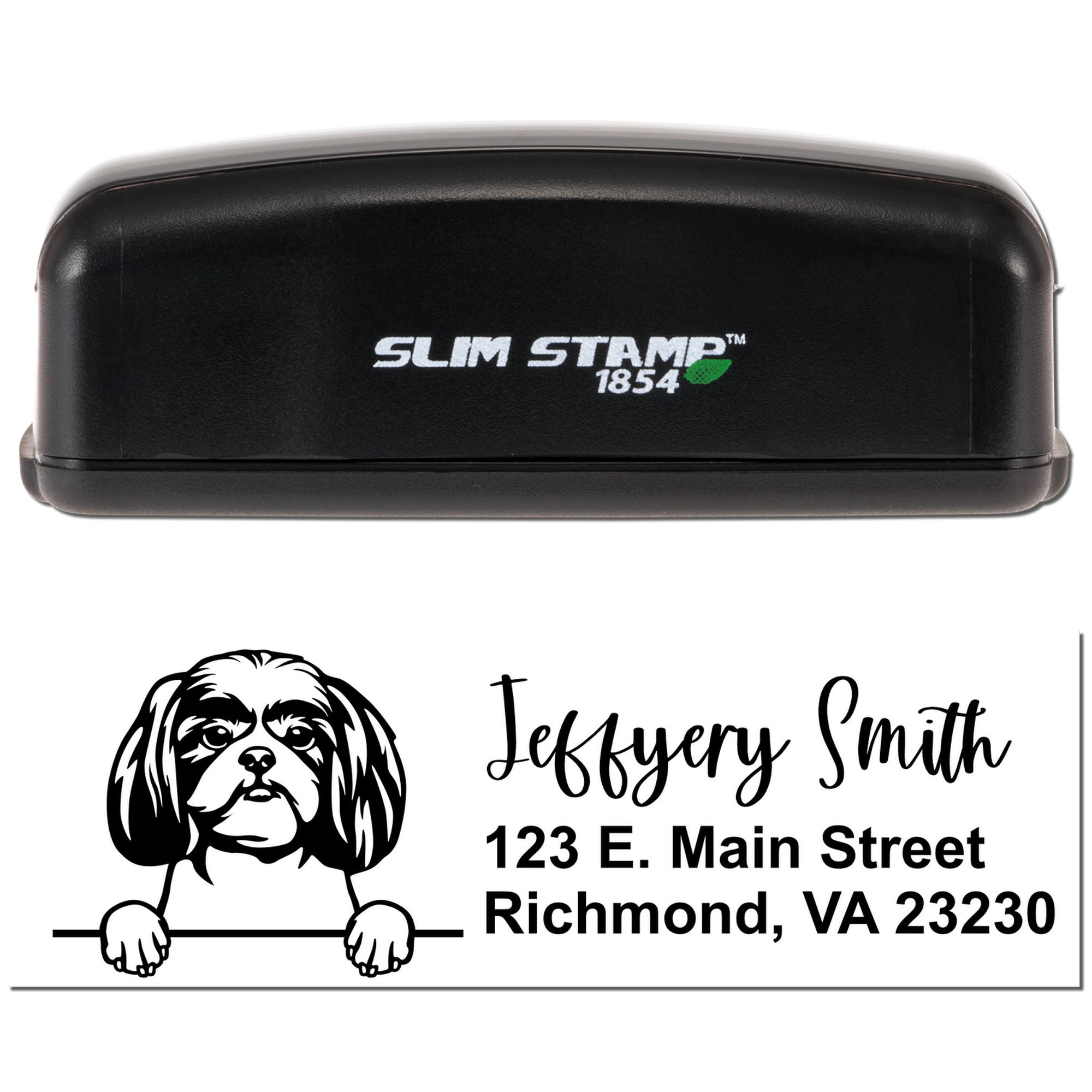 Slim Stamp 1854 custom self-inking return address rubber stamp with dog illustration, name, and address.