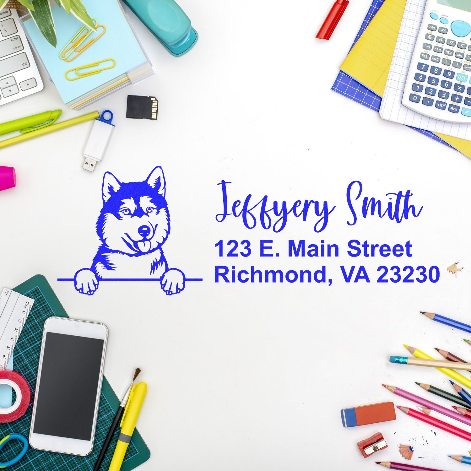 Custom dog return address rubber stamp with name and Richmond, VA address for personalized mailing and branding