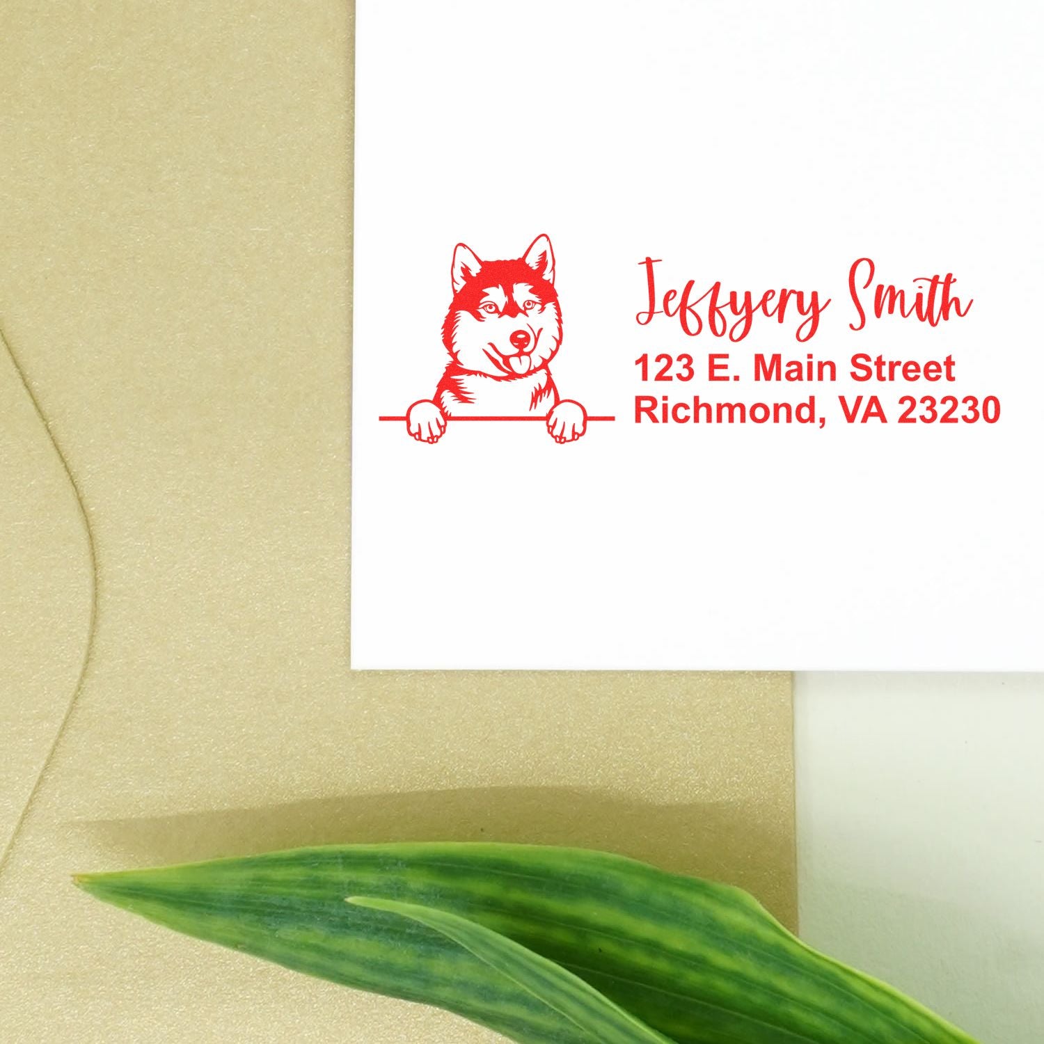 Custom rubber stamp return address design with husky dog for Jeffery Smith, Richmond VA mailing envelopes