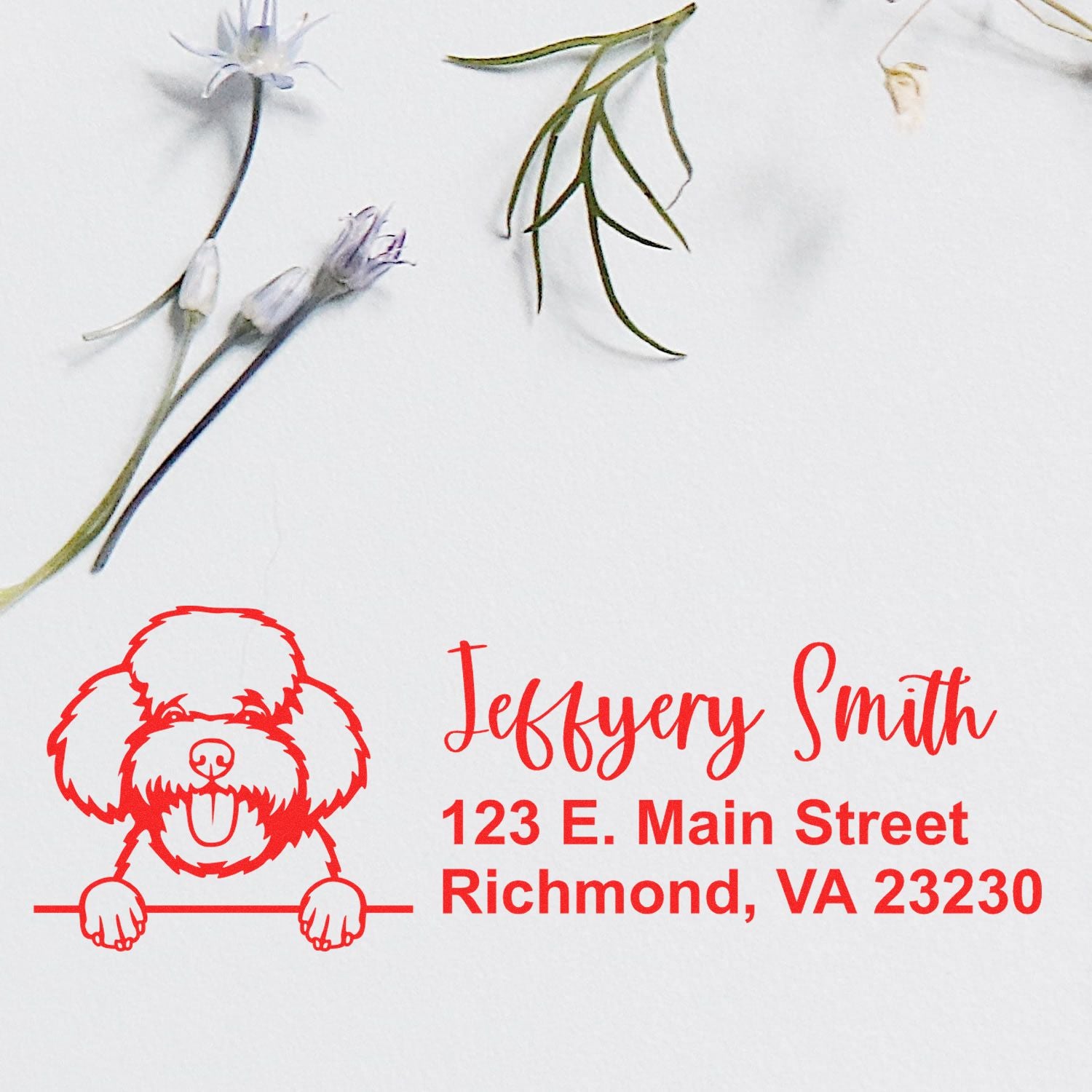 Custom poodle return address rubber stamp with name and Richmond, VA mailing details.