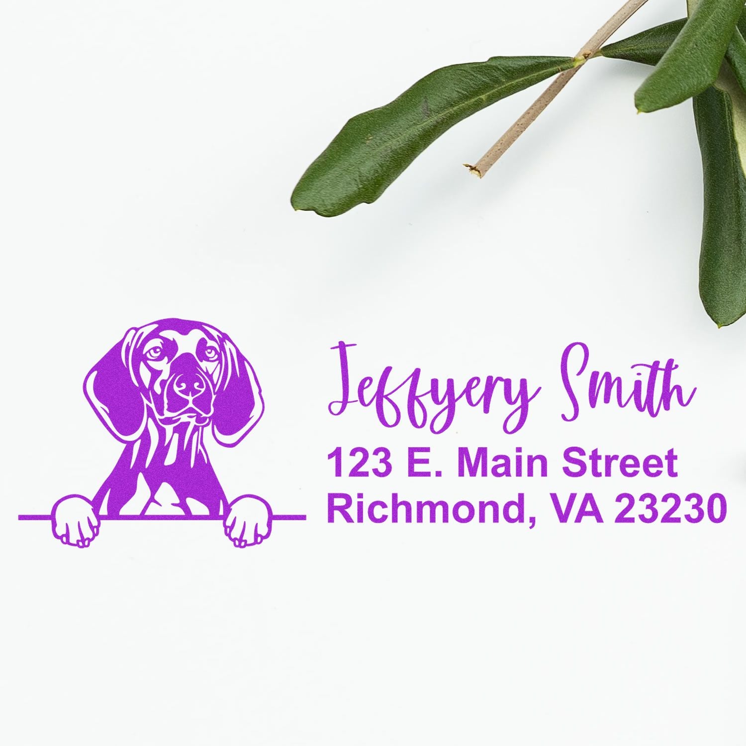 Custom address rubber stamp with dog illustration, Jeffrey Smith name, and Richmond, VA address for personalized mailing.