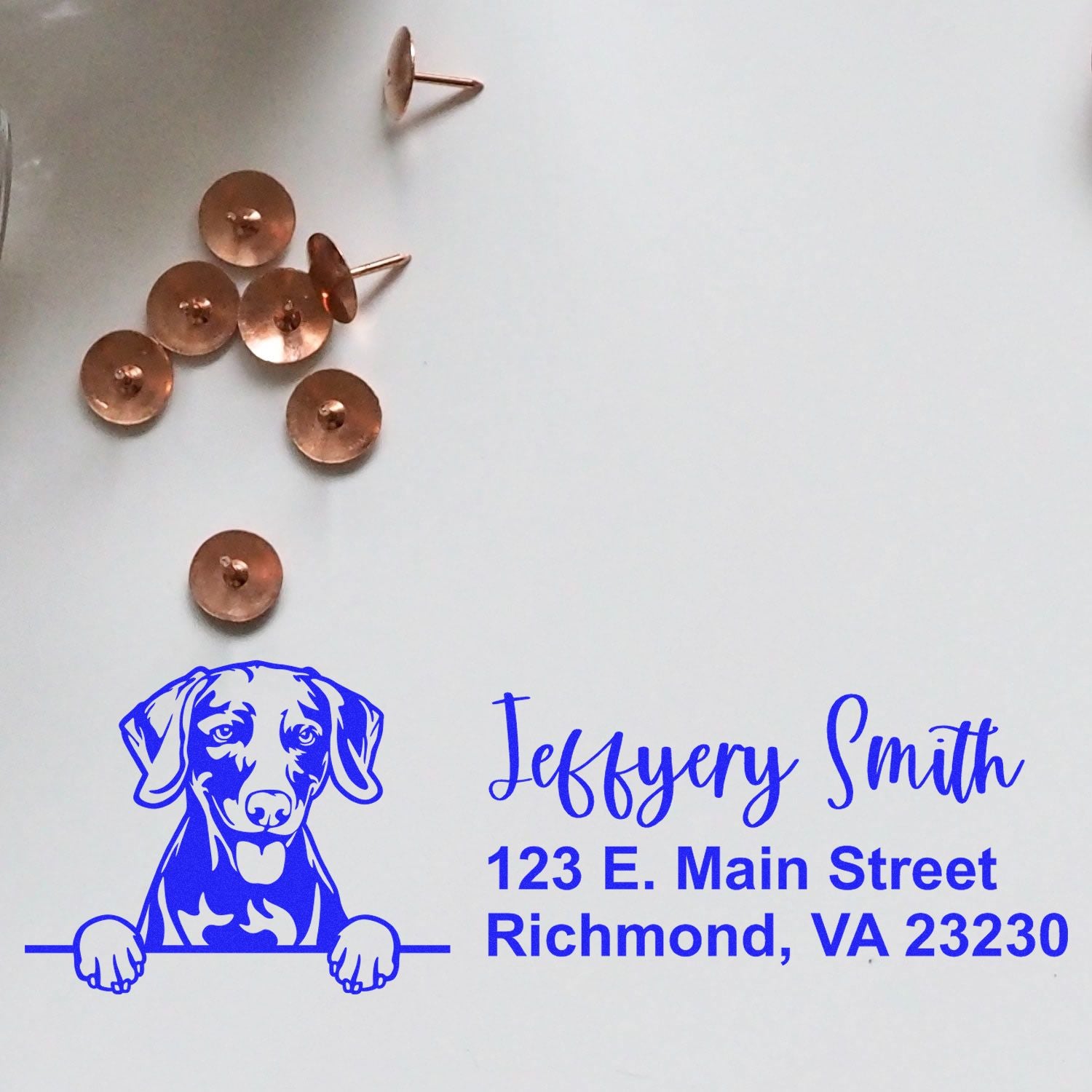 Custom rubber stamp with dog logo and address for Jeffery Smith, 123 E. Main Street, Richmond, VA 23230