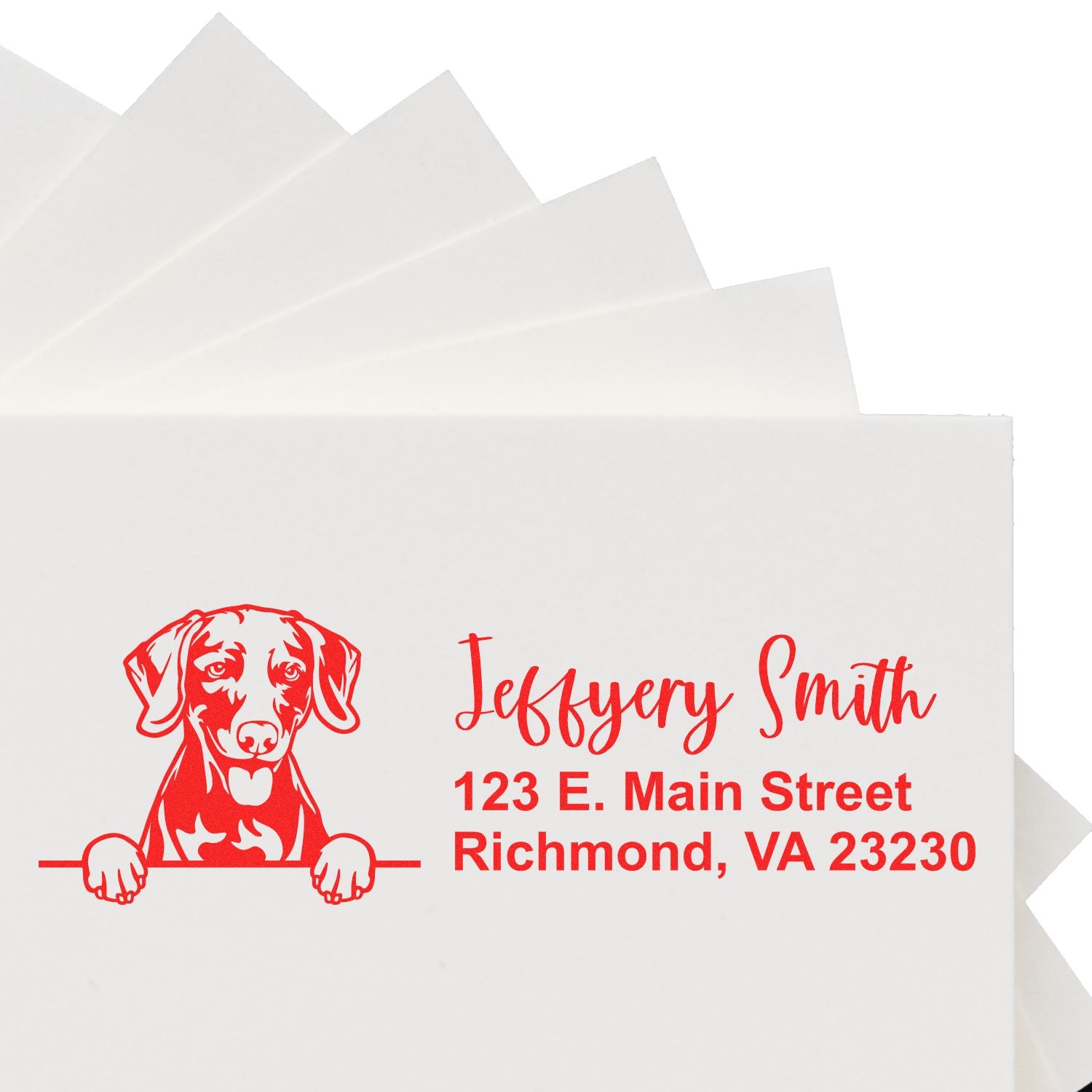 Personalized dog address rubber stamp with Jeffery Smith and Richmond, VA return address in red ink.