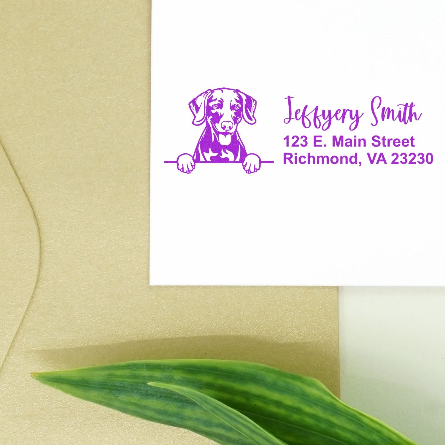 Custom dog logo return address rubber stamp with name and Richmond, VA address in purple ink on envelope.
